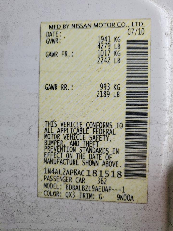 2010 Nissan Altima 2.5 White vin: 1N4AL2AP8AC181518