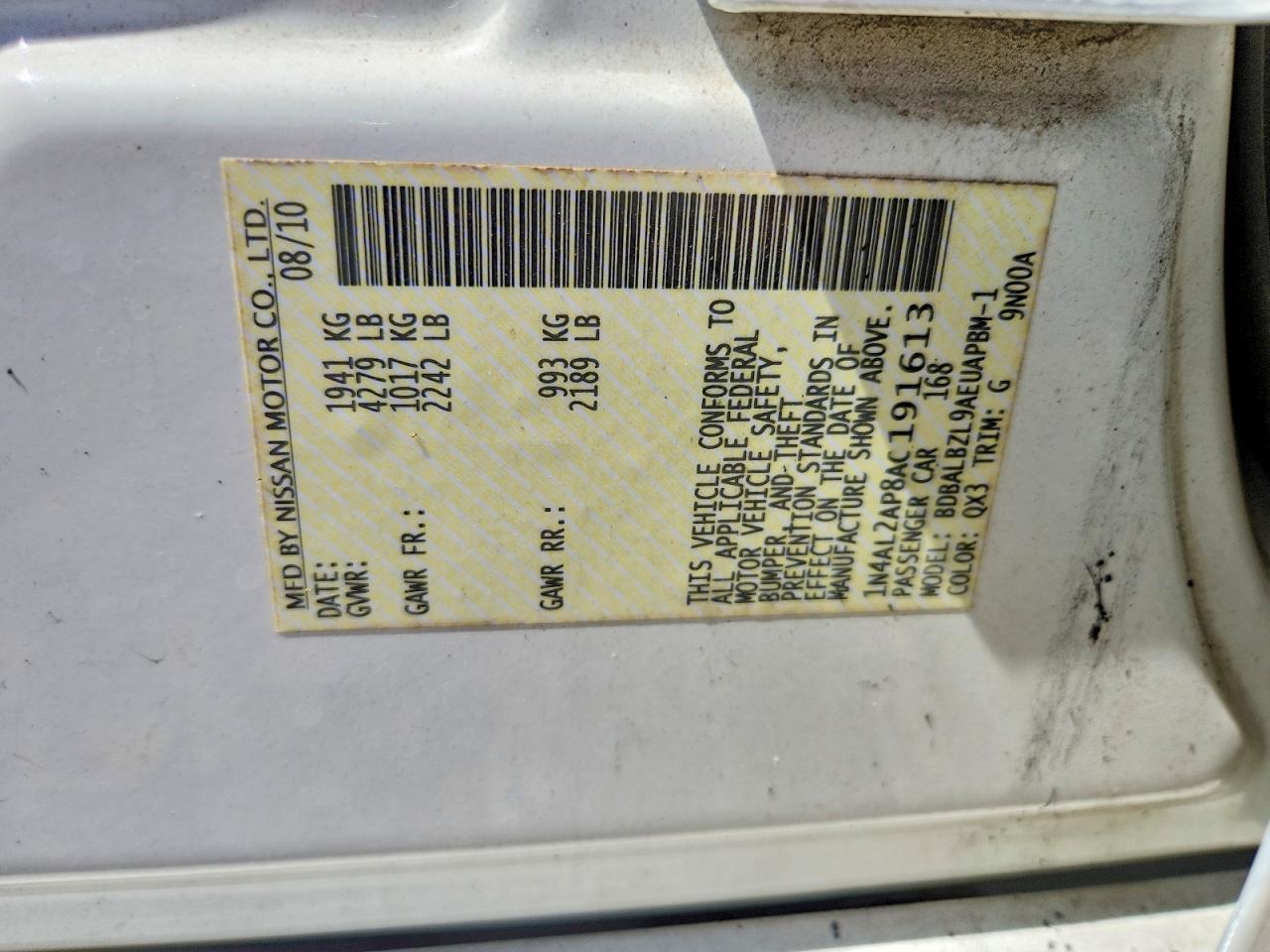 2010 Nissan Altima 2.5 White vin: 1N4AL2AP8AC191613
