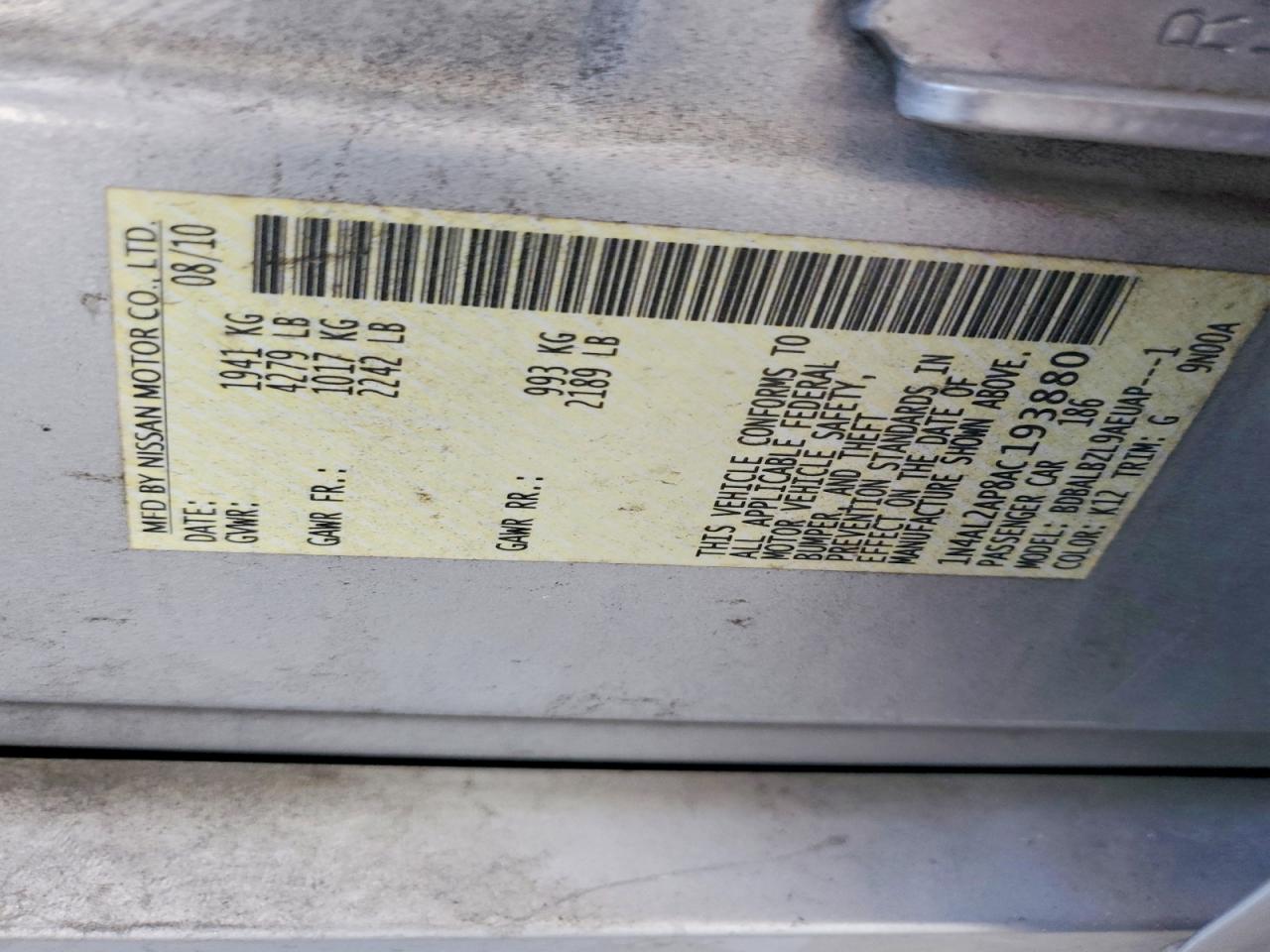 2010 Nissan Altima 2.5 Серебряный vin: 1N4AL2AP8AC193880