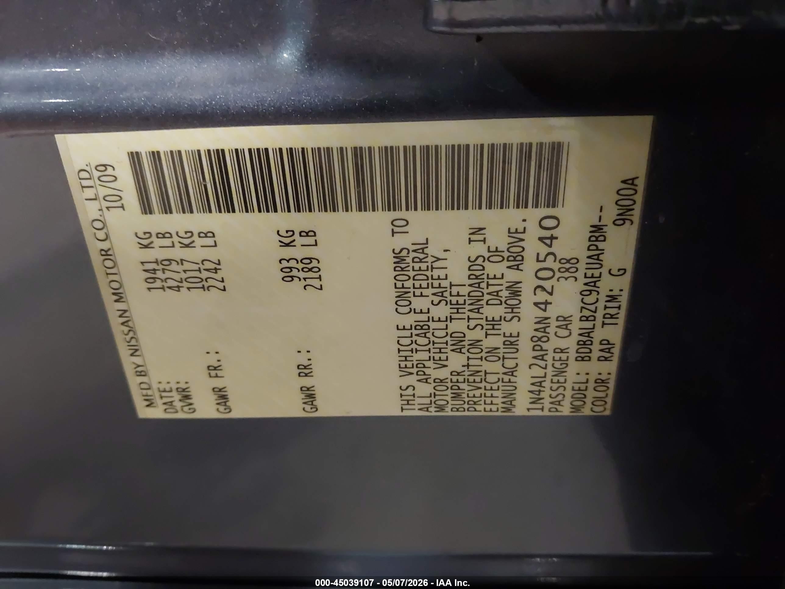 2010 Nissan Altima 2.5 S Blue vin: 1N4AL2AP8AN420540