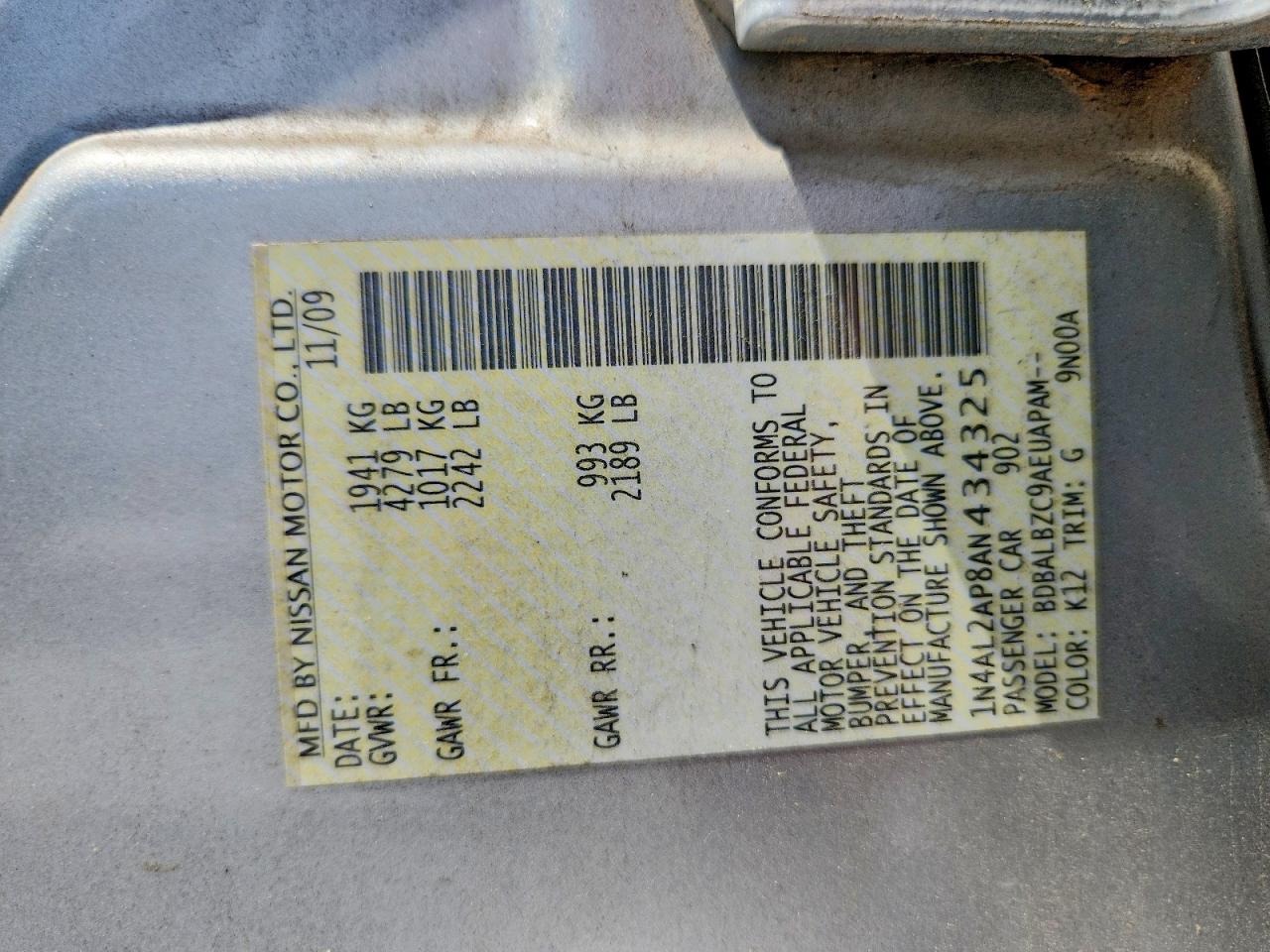 2010 Nissan Altima 2.5 Silver vin: 1N4AL2AP8AN434325