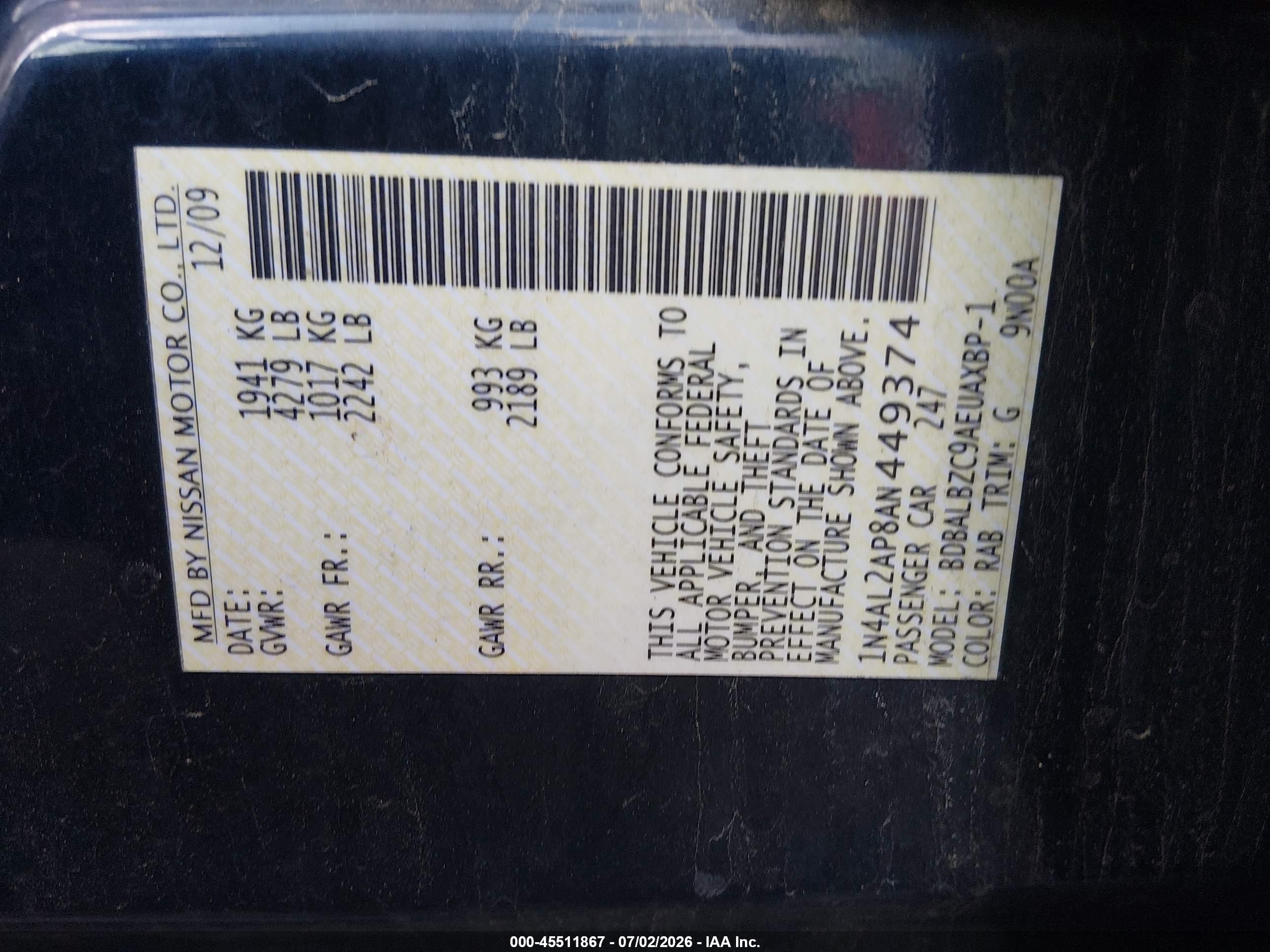 2010 Nissan Altima 2.5 S Blue vin: 1N4AL2AP8AN449374