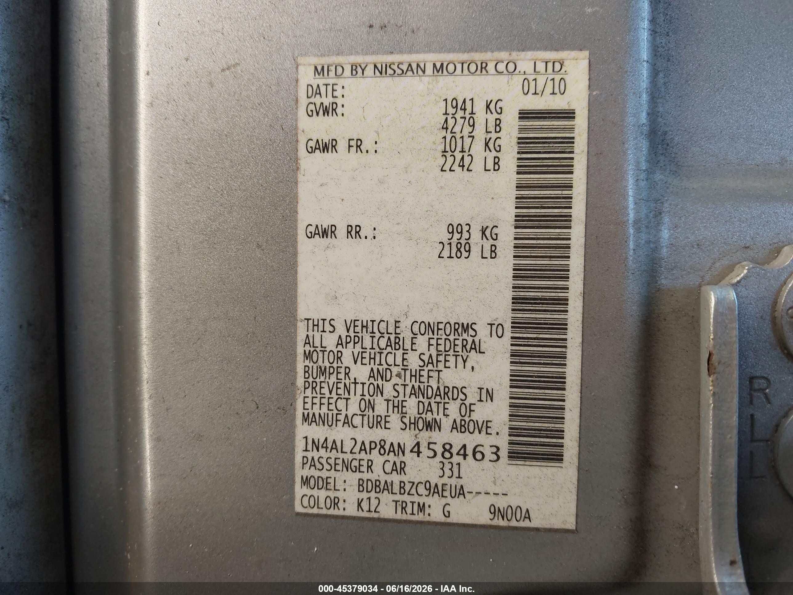 2010 Nissan Altima 2.5 S Silver vin: 1N4AL2AP8AN458463