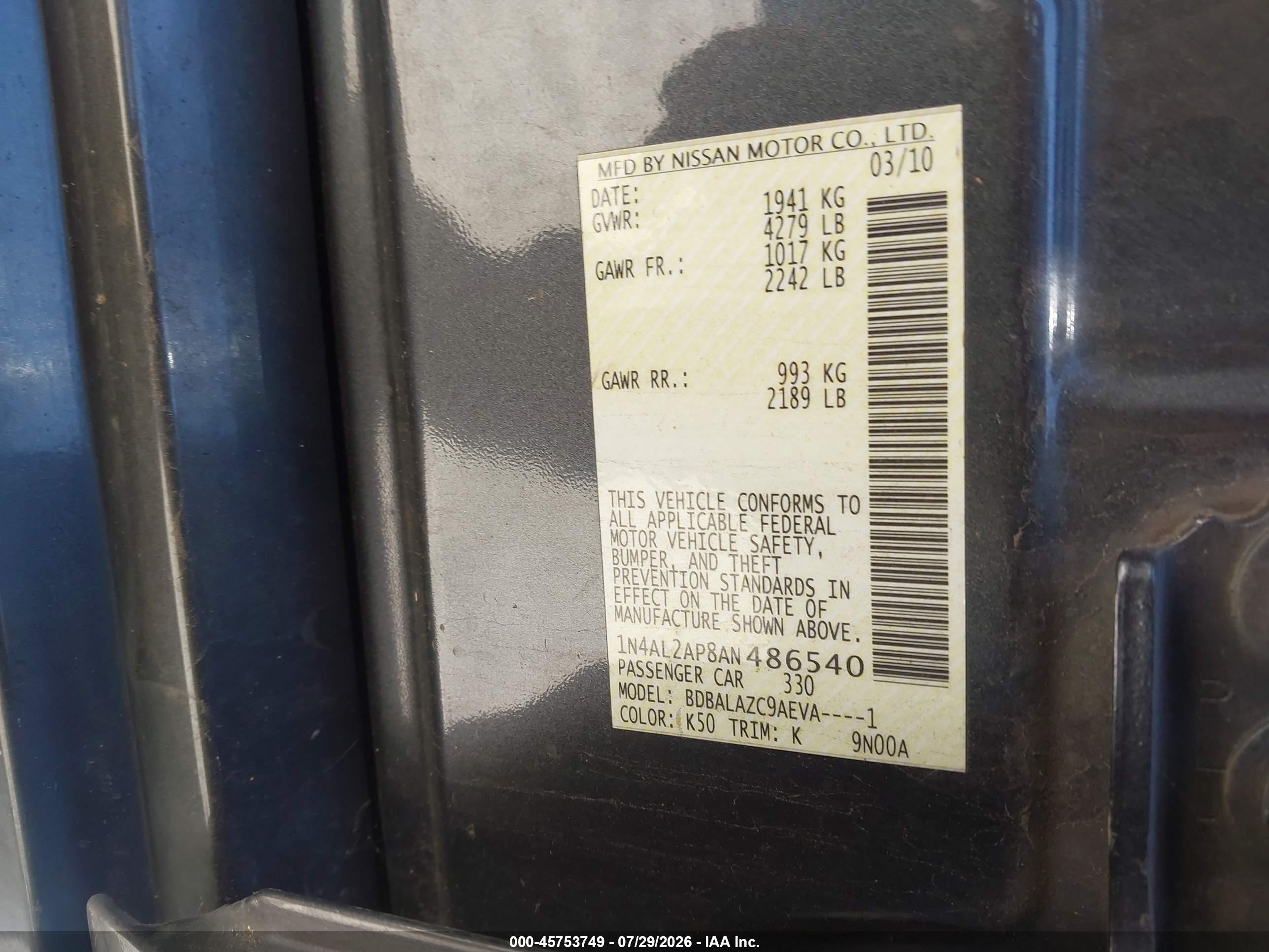 2010 Nissan Altima 2.5 Gray vin: 1N4AL2AP8AN486540