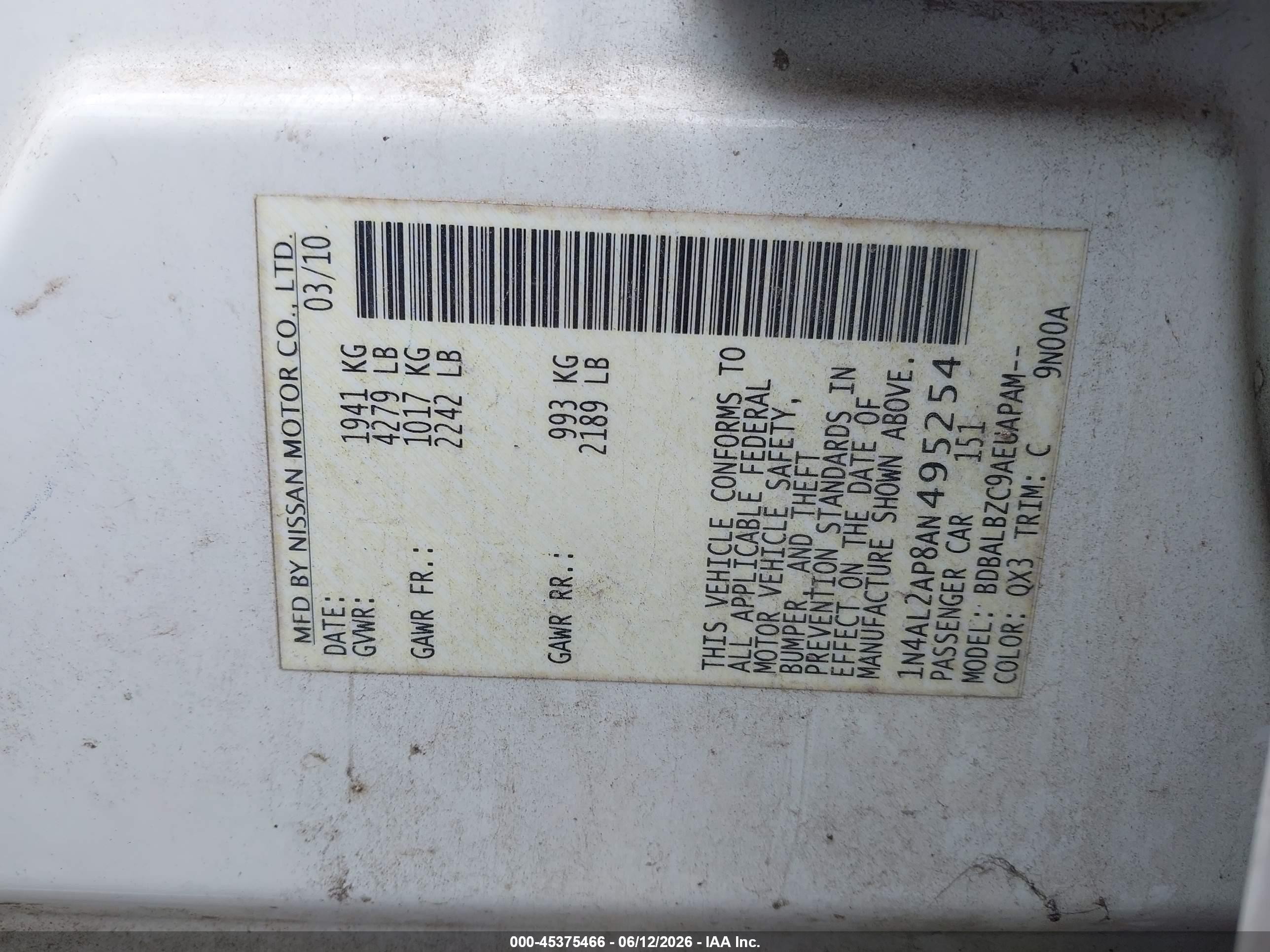 2010 Nissan Altima 2.5 S White vin: 1N4AL2AP8AN495254