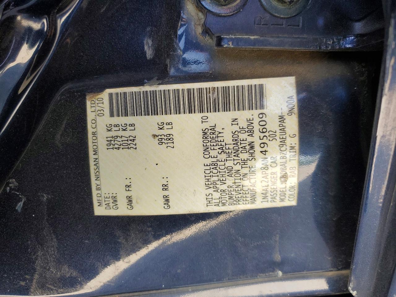2010 Nissan Altima 2.5 S Blue vin: 1N4AL2AP8AN495609