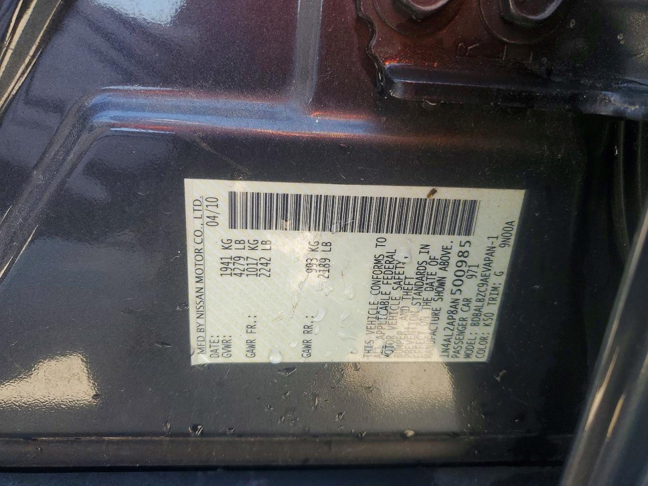 2010 Nissan Altima Base/s Charcoal vin: 1N4AL2AP8AN500985