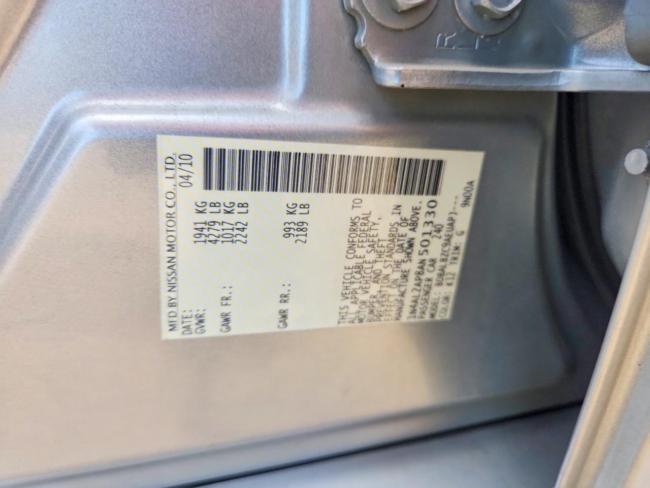 2010 Nissan Altima 2.5 Silver vin: 1N4AL2AP8AN501330