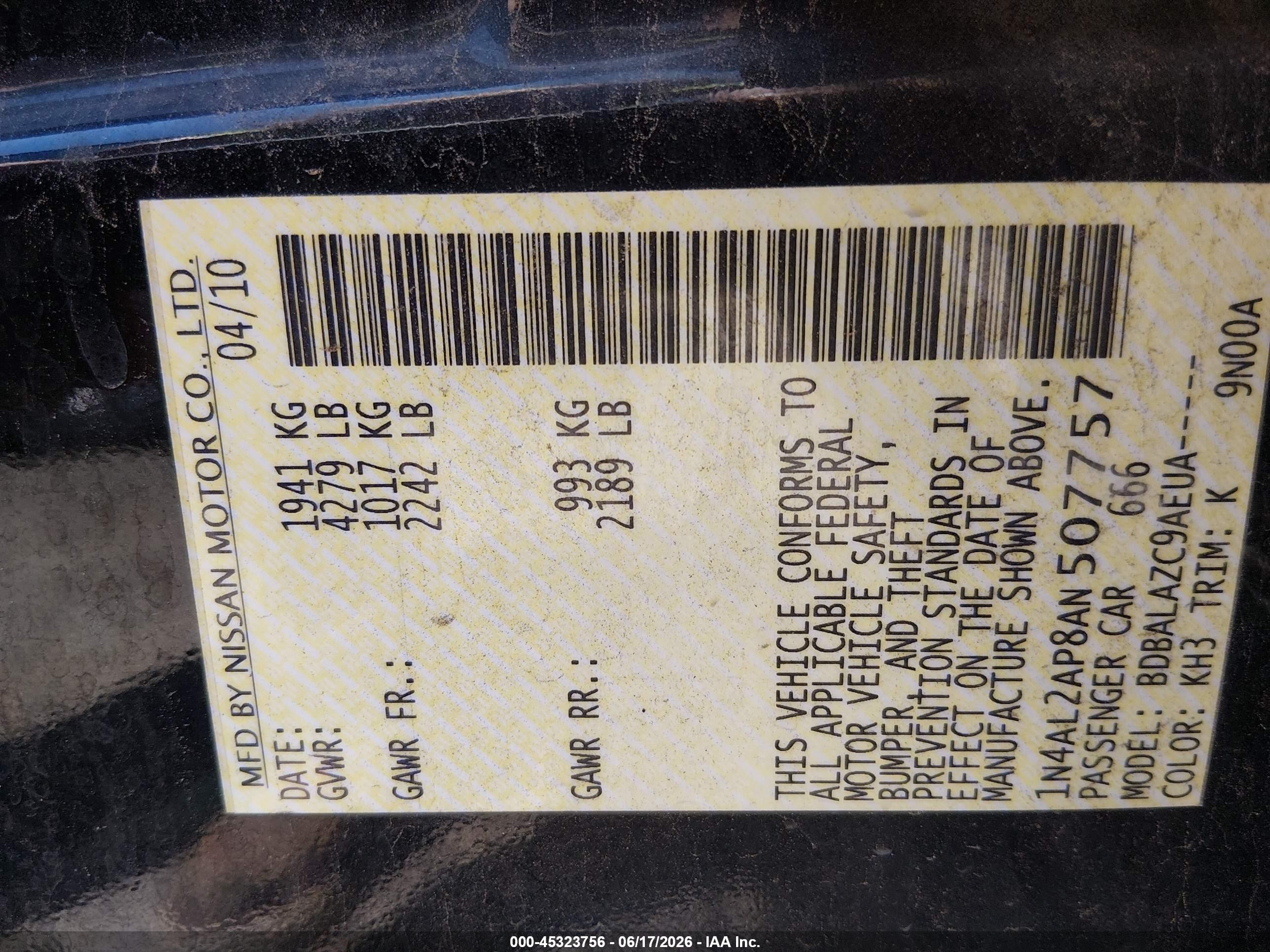 2010 Nissan Altima 2.5 Black vin: 1N4AL2AP8AN507757