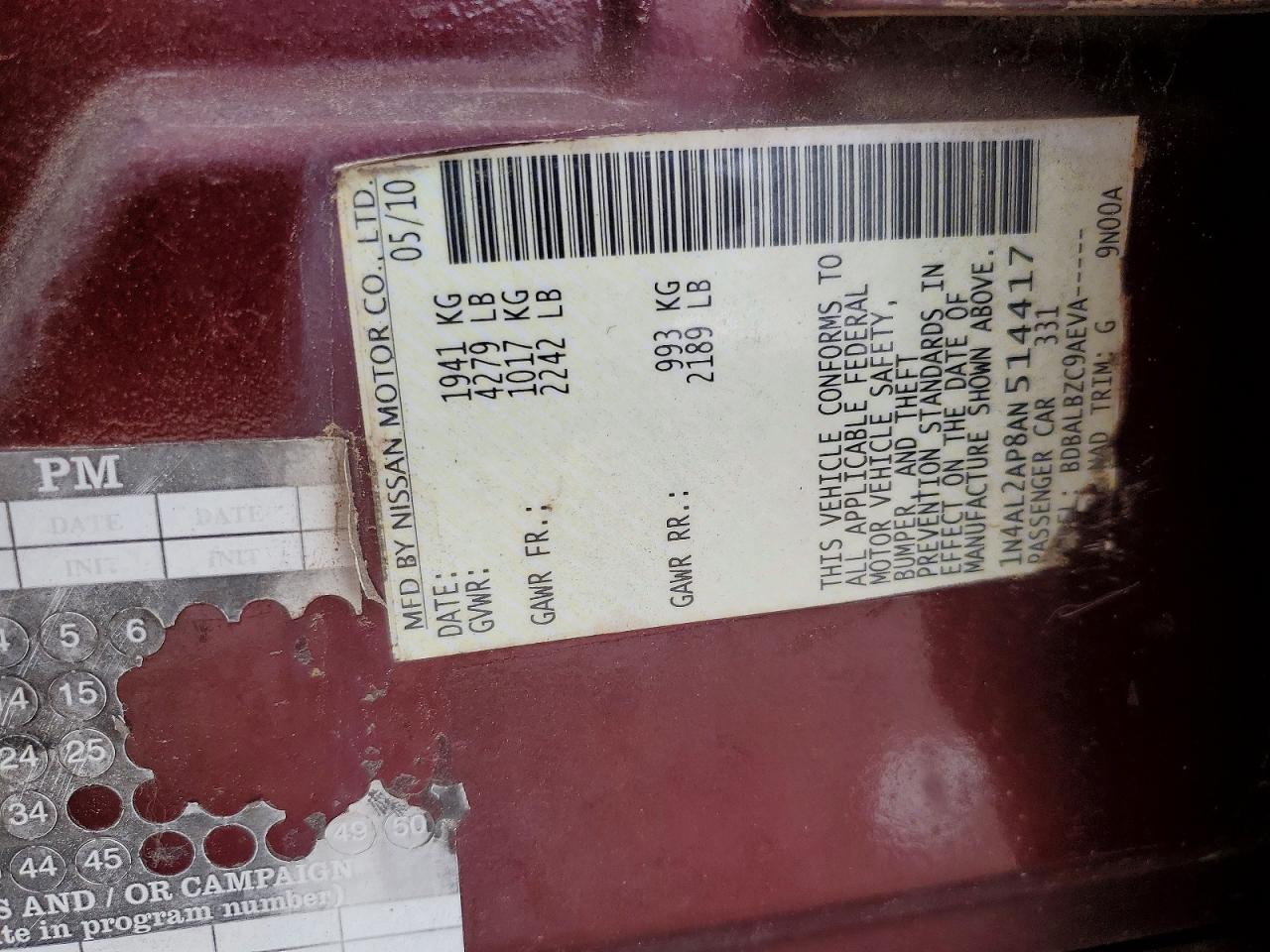 2010 Nissan Altima 2.5 Burgundy vin: 1N4AL2AP8AN514417