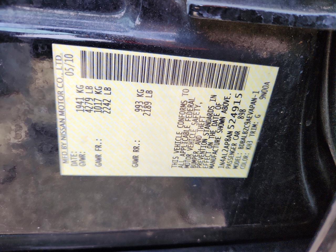2010 Nissan Altima 2.5 Черный vin: 1N4AL2AP8AN524915