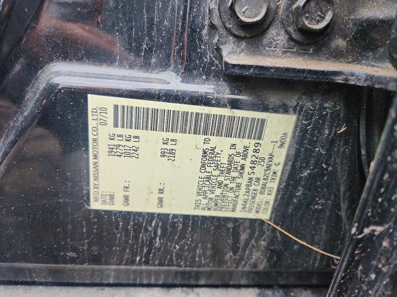 2010 Nissan Altima 2.5 Black vin: 1N4AL2AP8AN548289