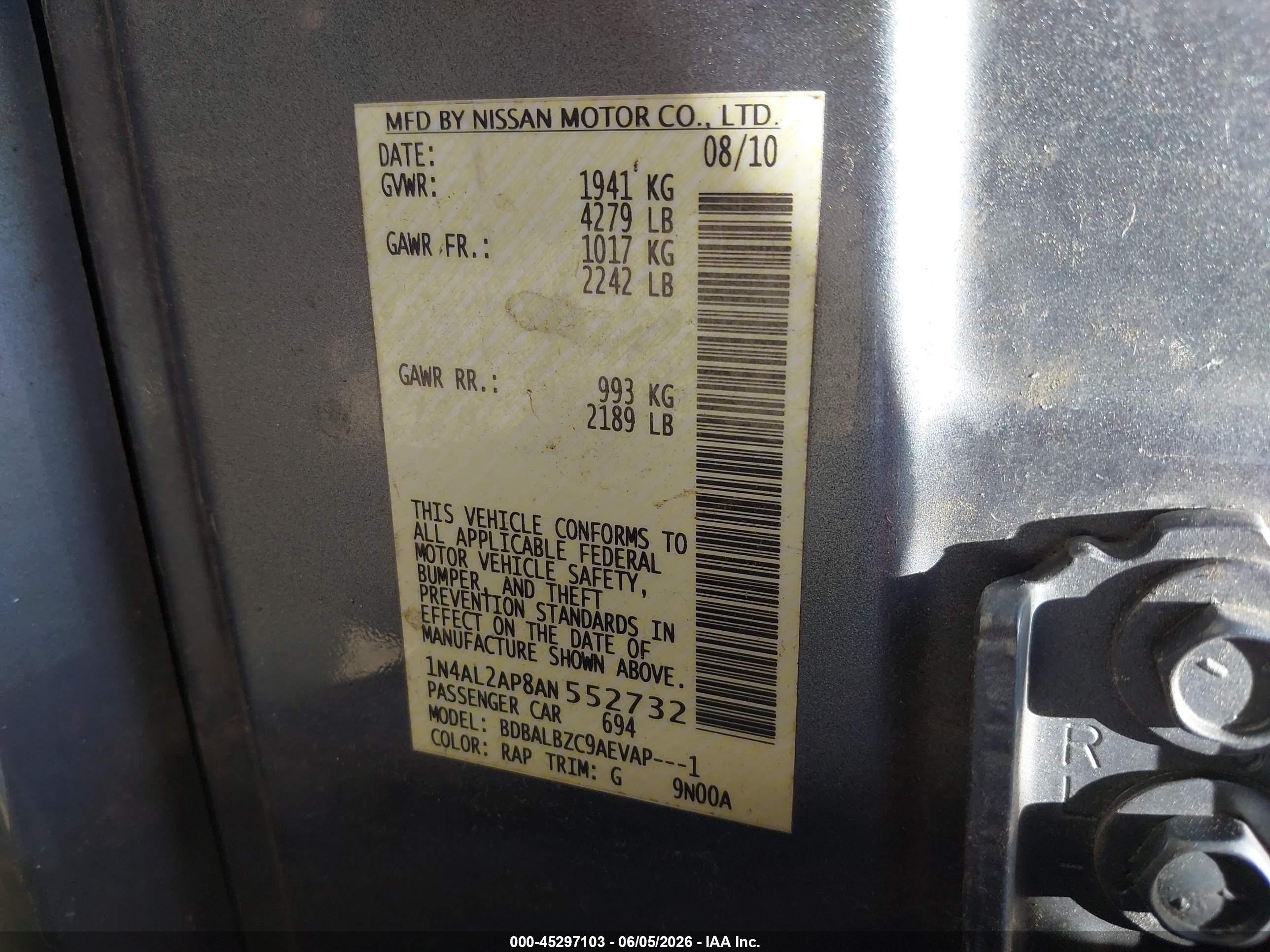2010 Nissan Altima 2.5 S Blue vin: 1N4AL2AP8AN552732