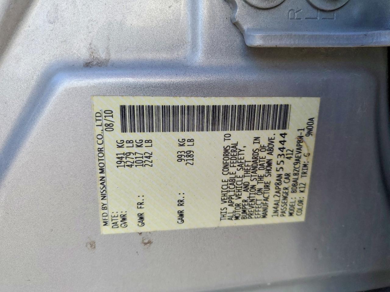 2010 Nissan Altima 2.5 Silver vin: 1N4AL2AP8AN553444