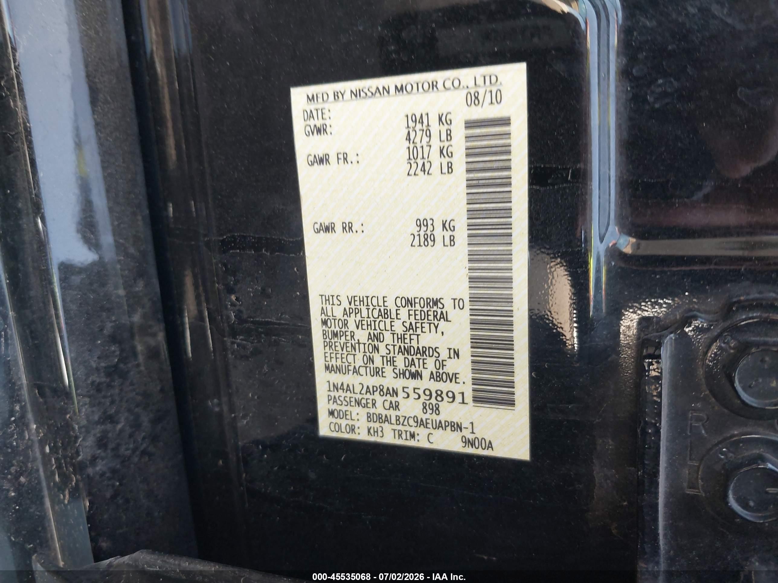 2010 Nissan Altima 2.5 S Черный vin: 1N4AL2AP8AN559891