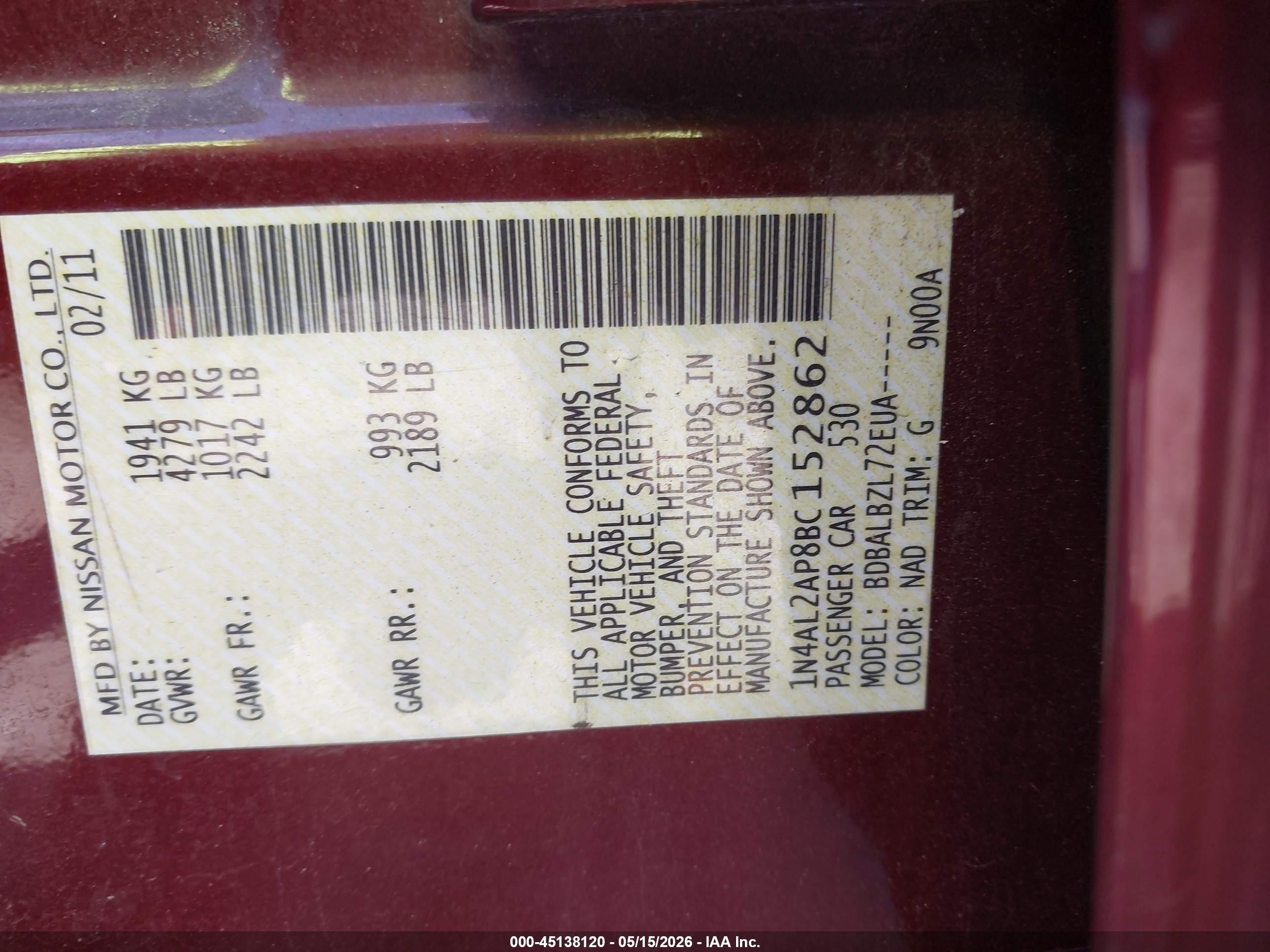 2011 Nissan Altima 2.5 S Burgundy vin: 1N4AL2AP8BC152862