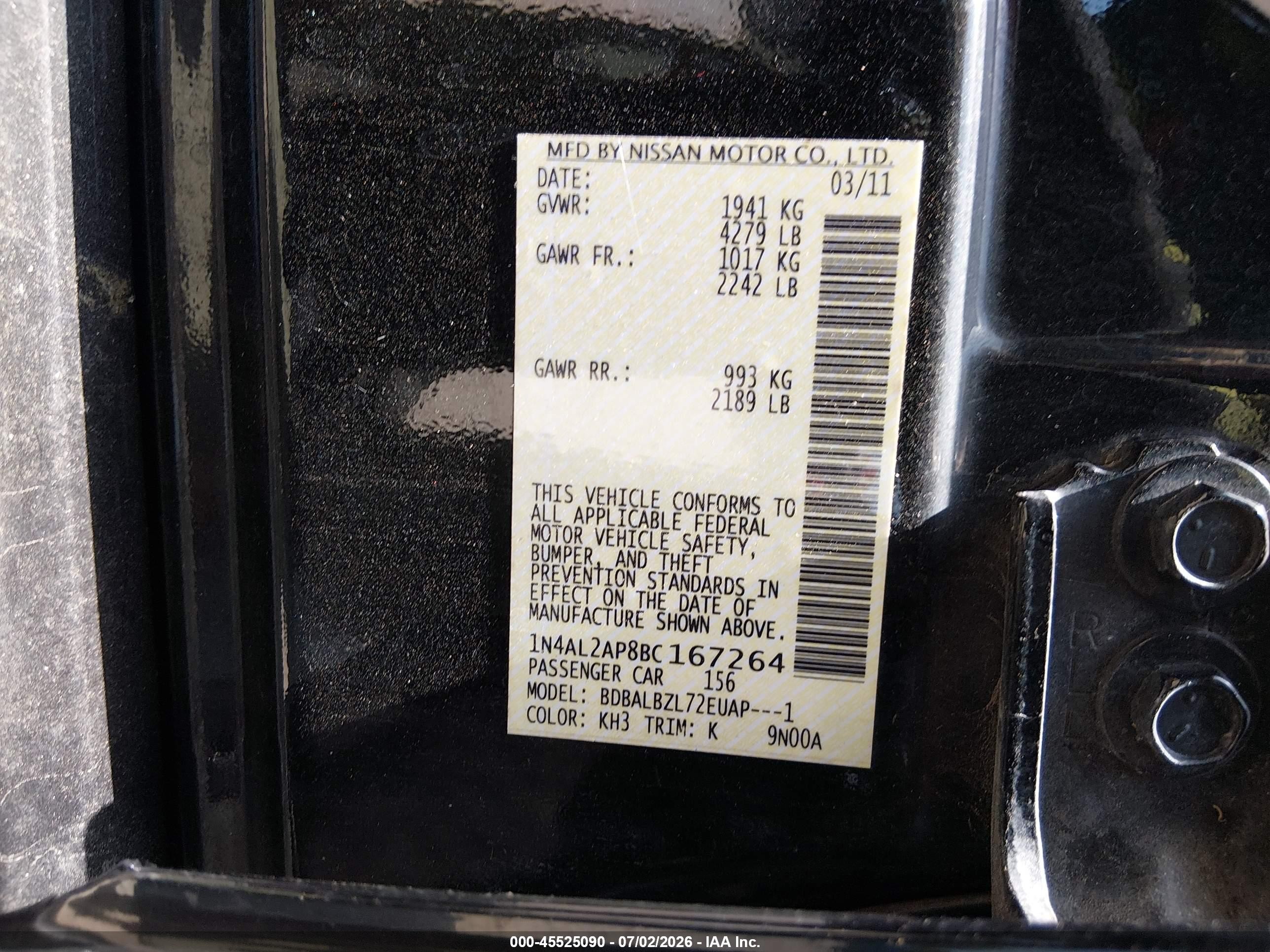 2011 Nissan Altima 2.5 S Black vin: 1N4AL2AP8BC167264