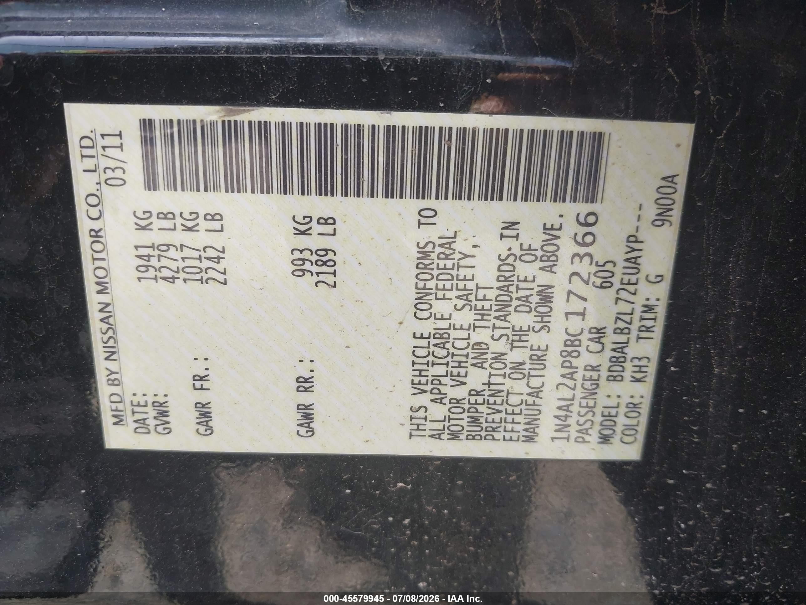 2011 Nissan Altima 2.5 S Black vin: 1N4AL2AP8BC172366