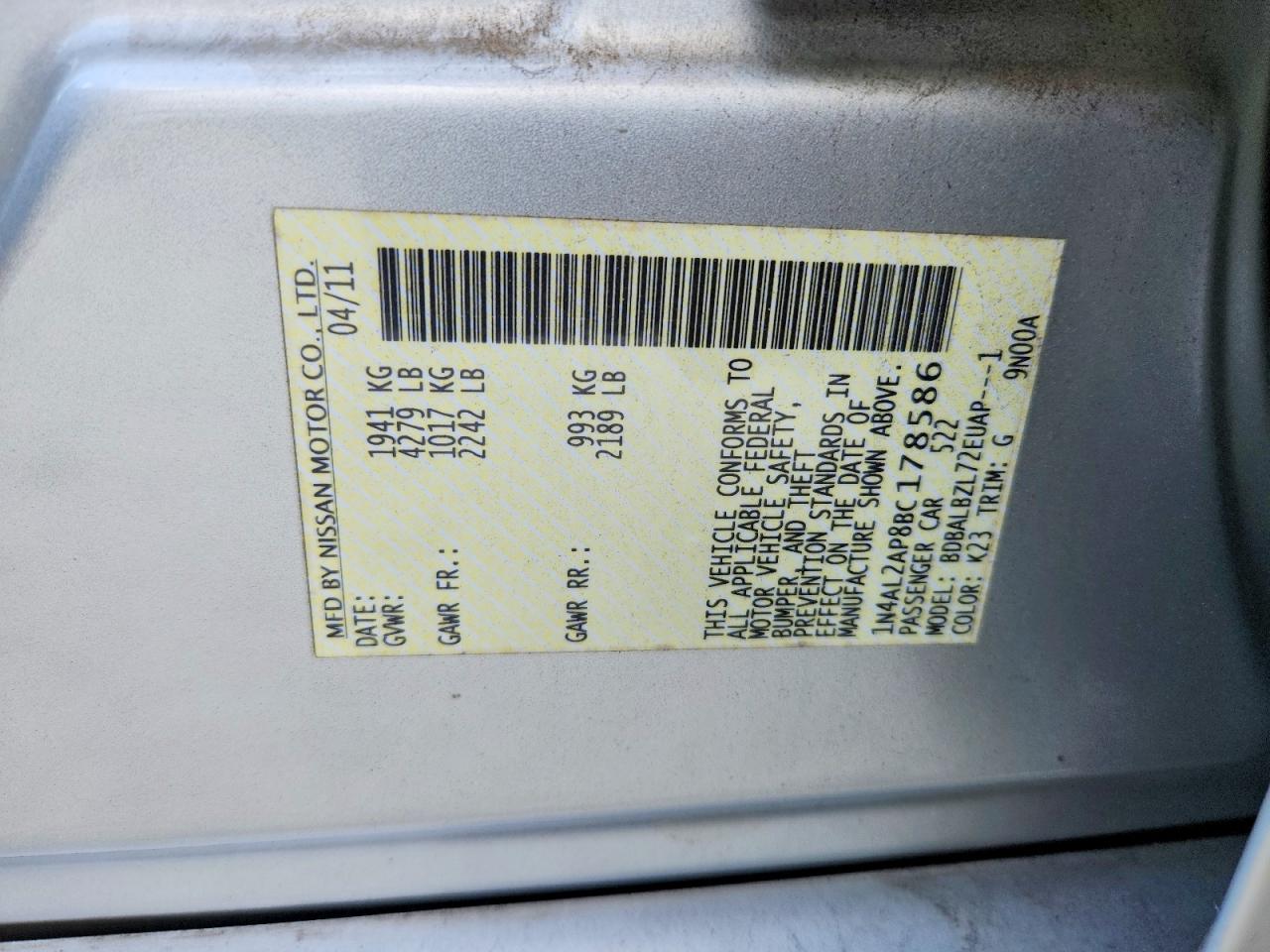 2011 Nissan Altima 2.5 Серебряный vin: 1N4AL2AP8BC178586