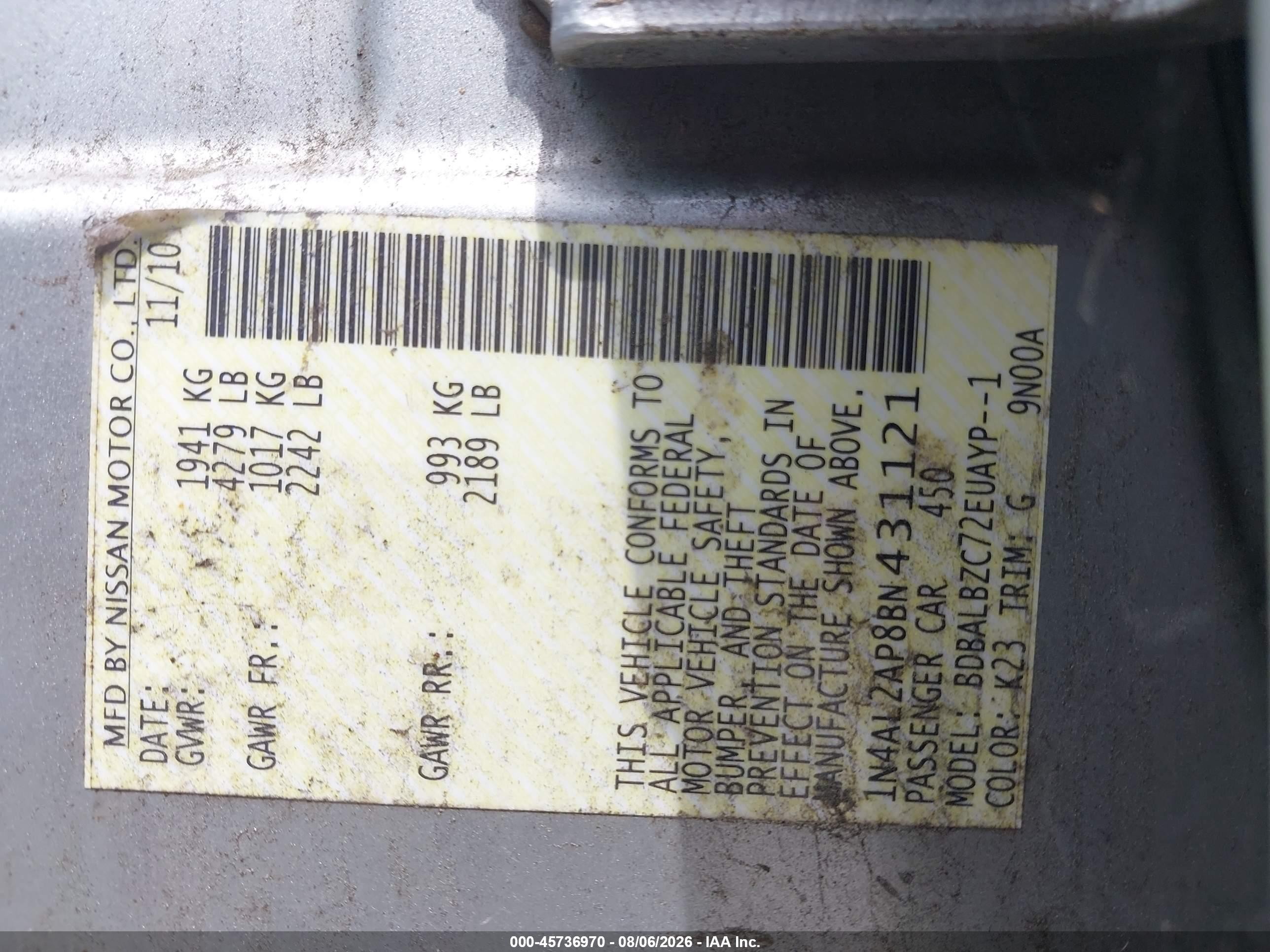 2011 Nissan Altima 2.5 S Серый vin: 1N4AL2AP8BN431121