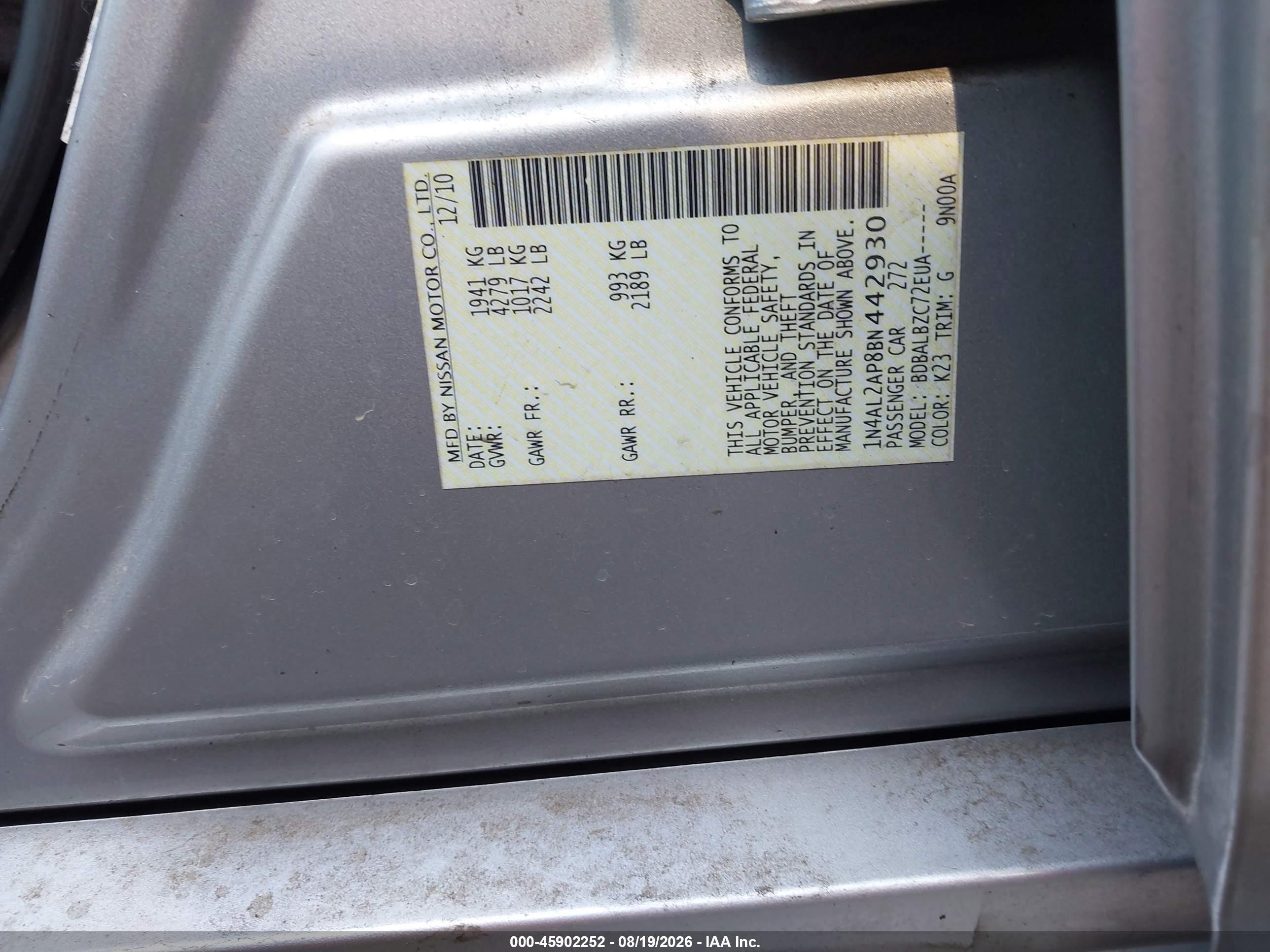 2011 Nissan Altima 2.5 S Silver vin: 1N4AL2AP8BN442930