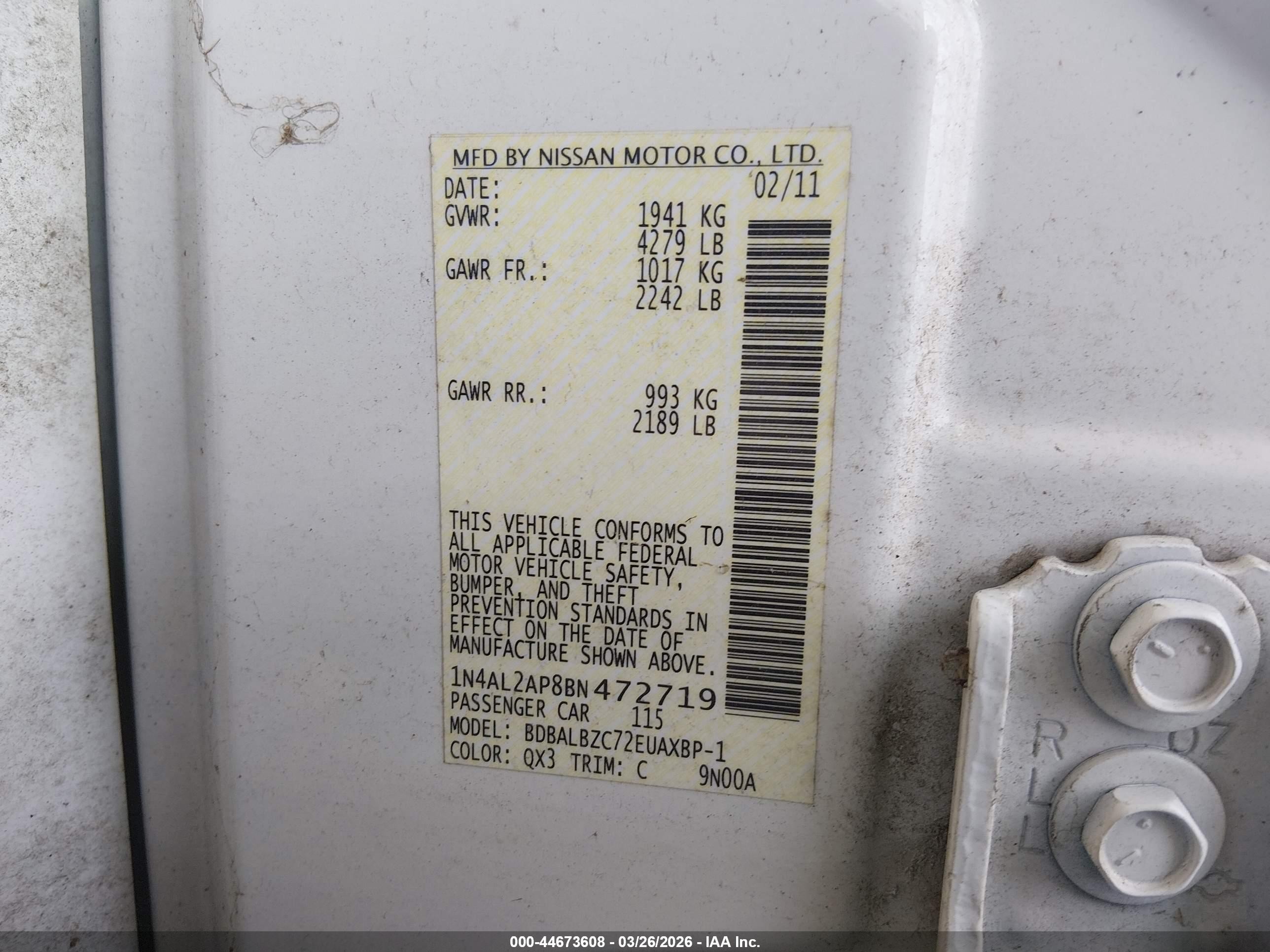 2011 Nissan Altima 2.5 S Белый vin: 1N4AL2AP8BN472719