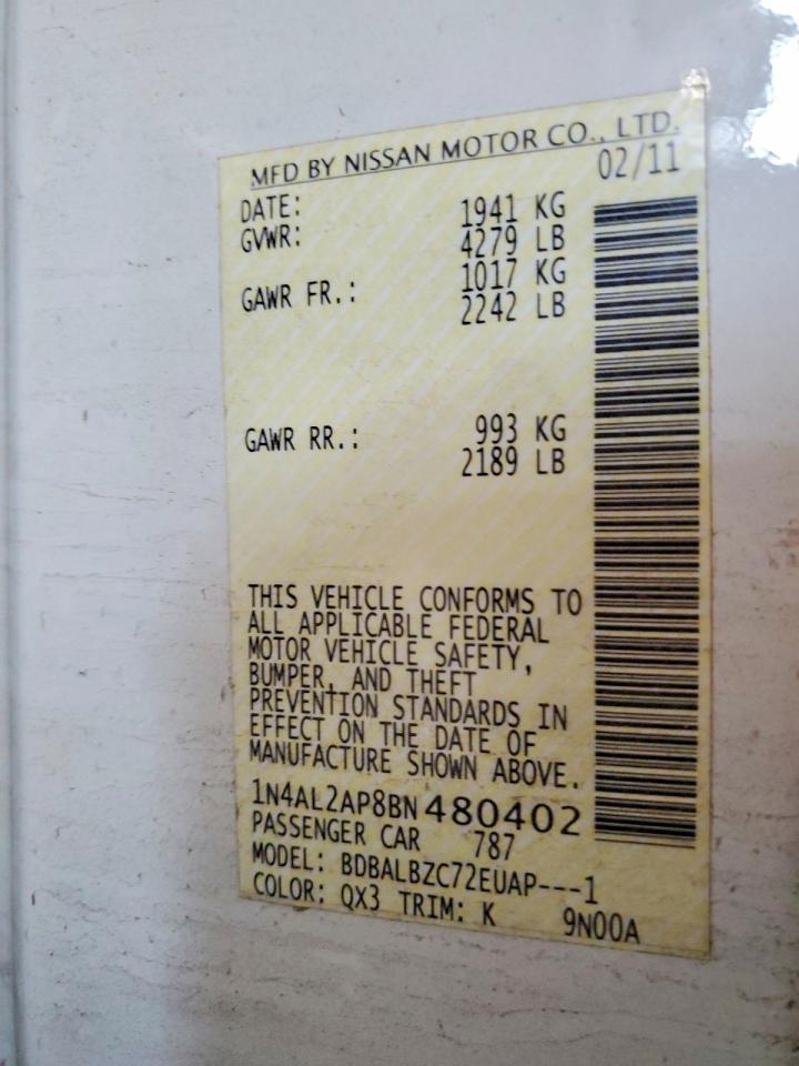 2011 Nissan Altima 2.5 White vin: 1N4AL2AP8BN480402