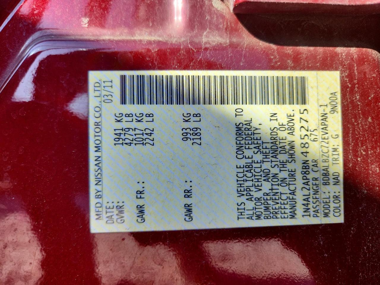 2011 Nissan Altima 2.5 Red vin: 1N4AL2AP8BN485275