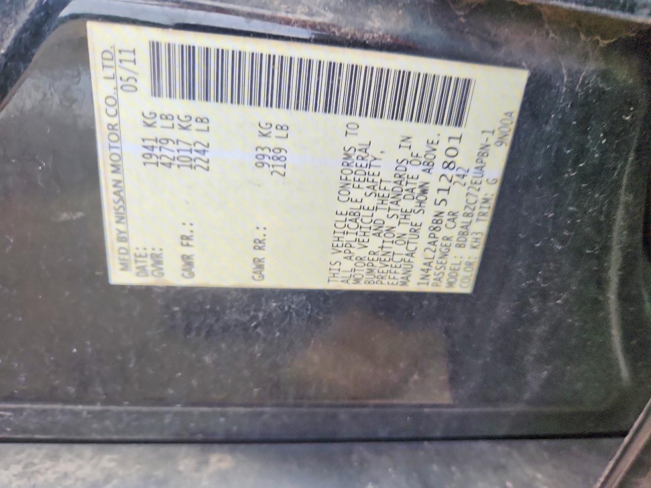2011 Nissan Altima Base Black vin: 1N4AL2AP8BN512801
