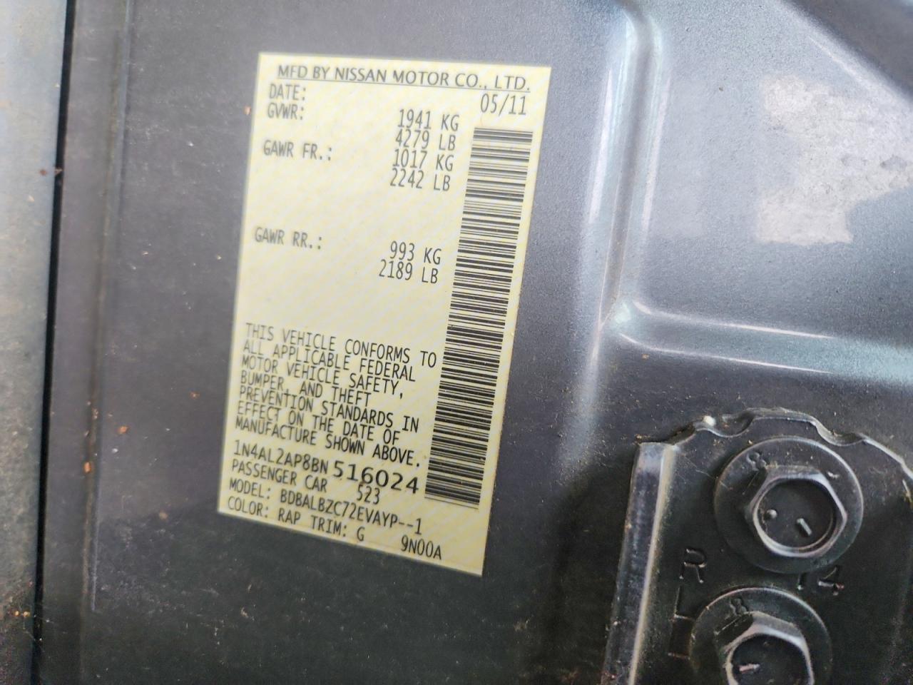 2011 Nissan Altima 2.5 Blue vin: 1N4AL2AP8BN516024