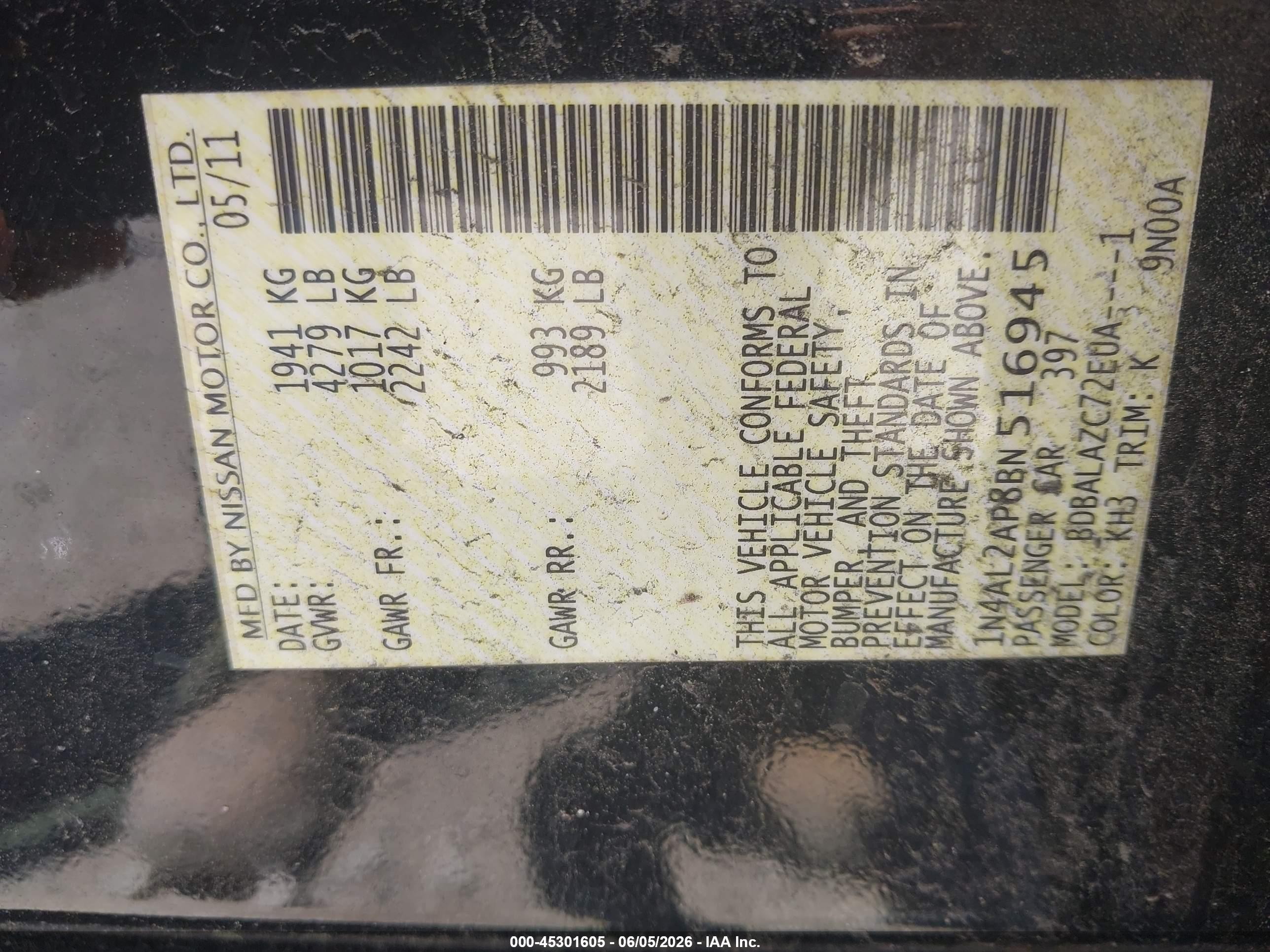 2011 Nissan Altima 2.5 Black vin: 1N4AL2AP8BN516945