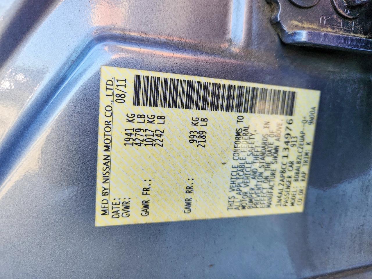 2012 Nissan Altima 2.5 Blue vin: 1N4AL2AP8CC134976