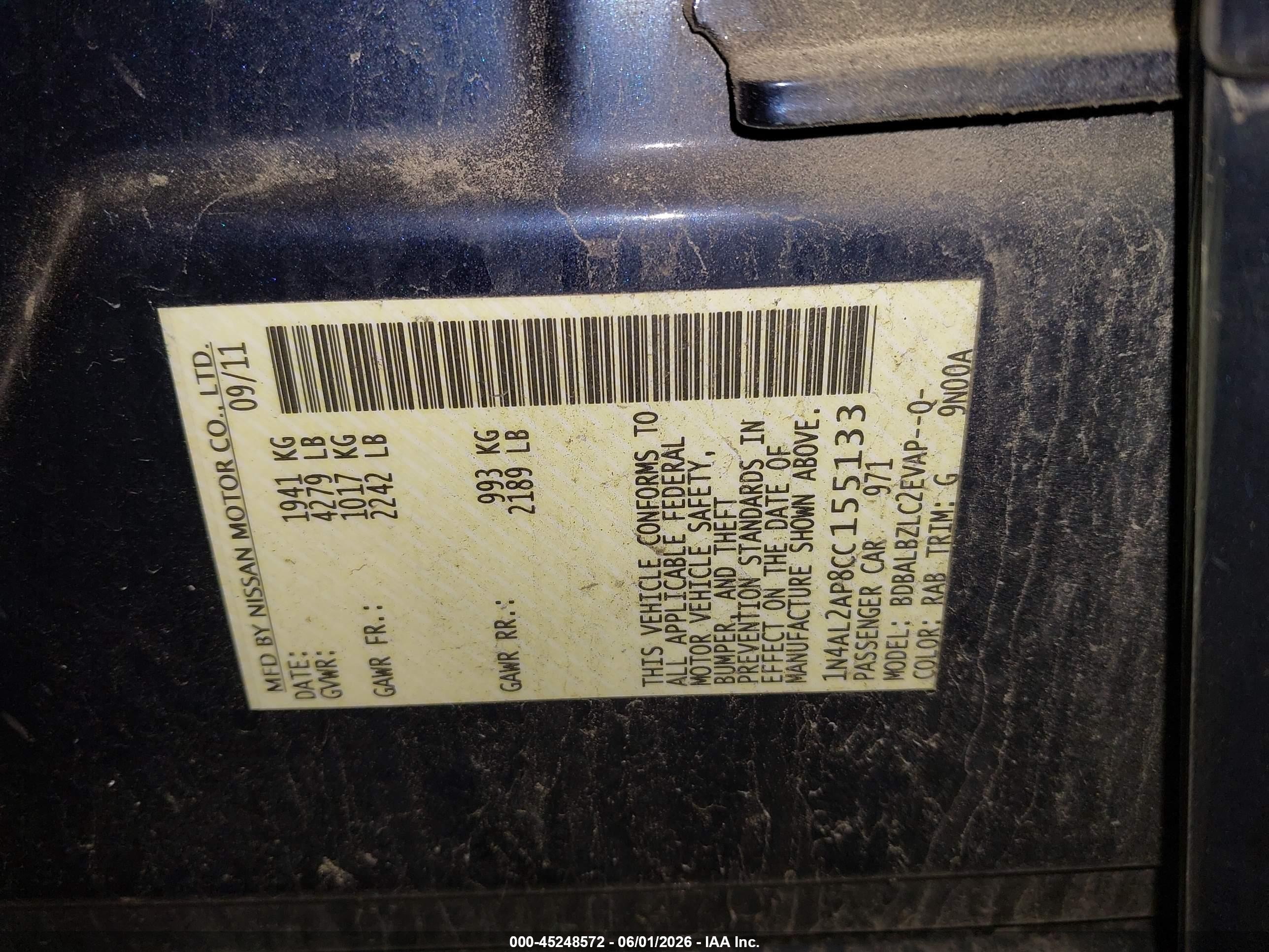 2012 Nissan Altima 2.5 S Blue vin: 1N4AL2AP8CC155133