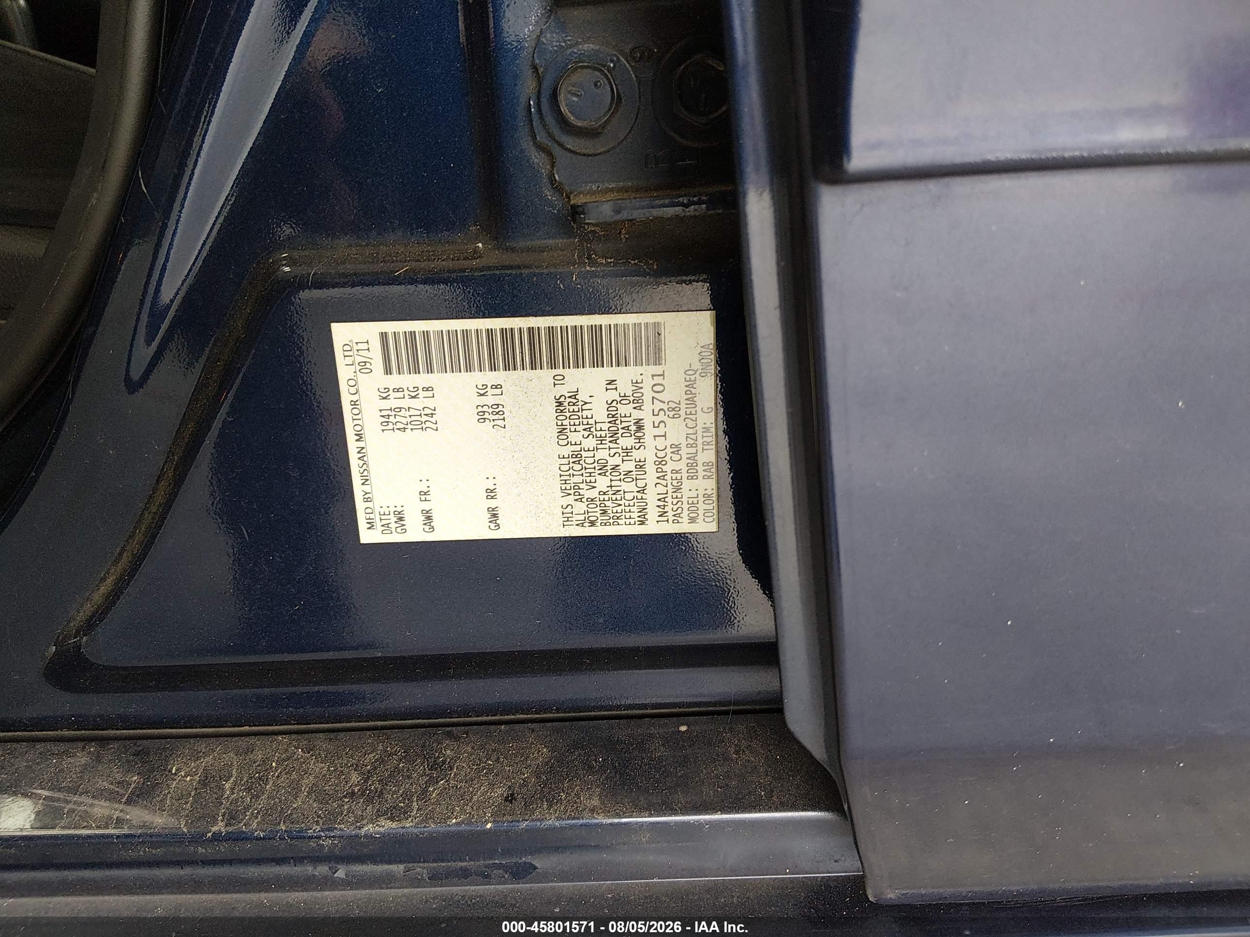 2012 Nissan Altima 2.5 S Blue vin: 1N4AL2AP8CC155701