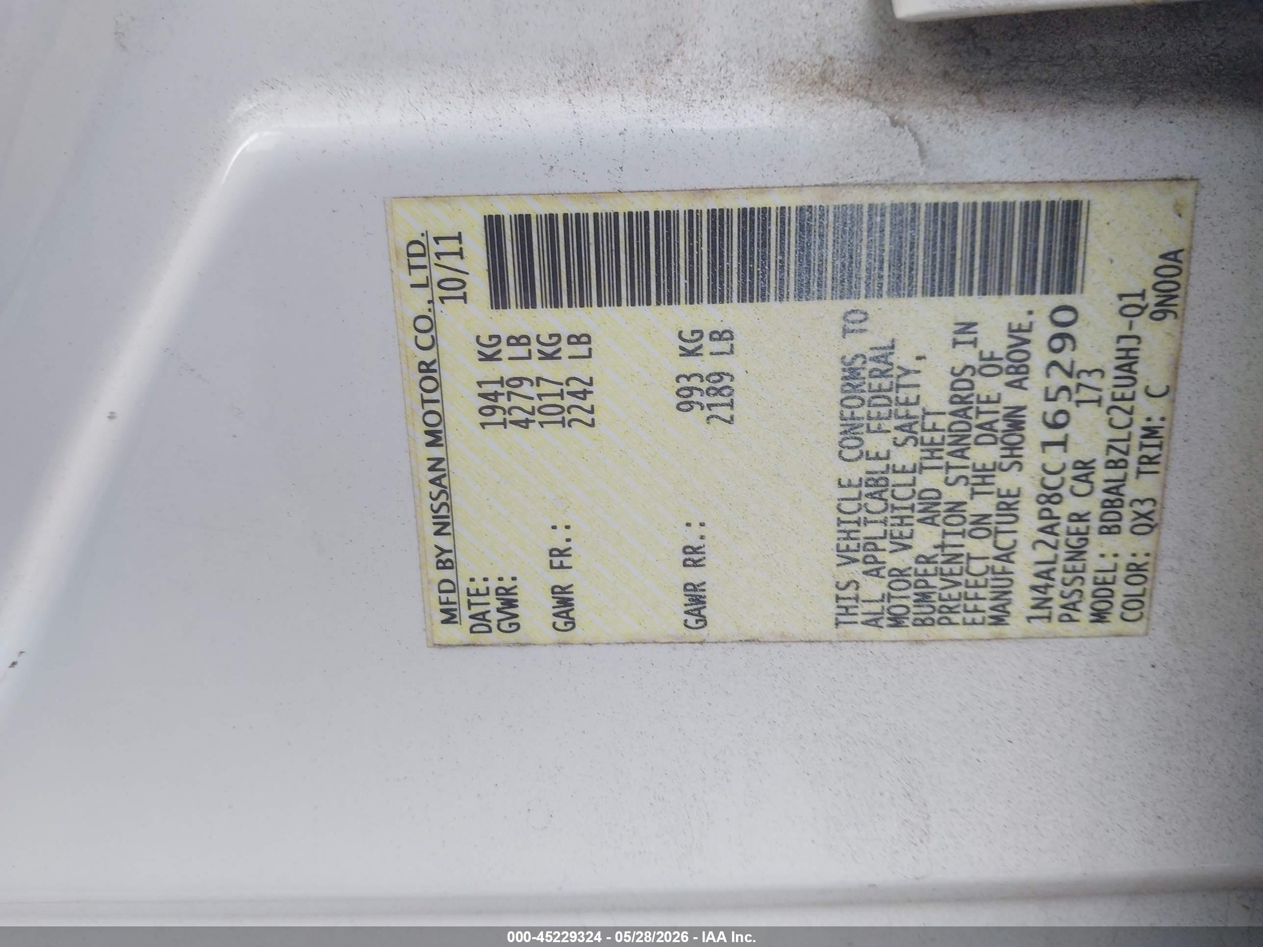 2012 Nissan Altima 2.5 S White vin: 1N4AL2AP8CC165290