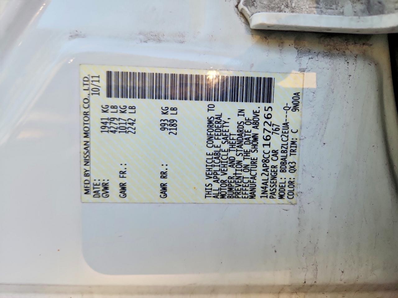 2012 Nissan Altima 2.5 White vin: 1N4AL2AP8CC167265