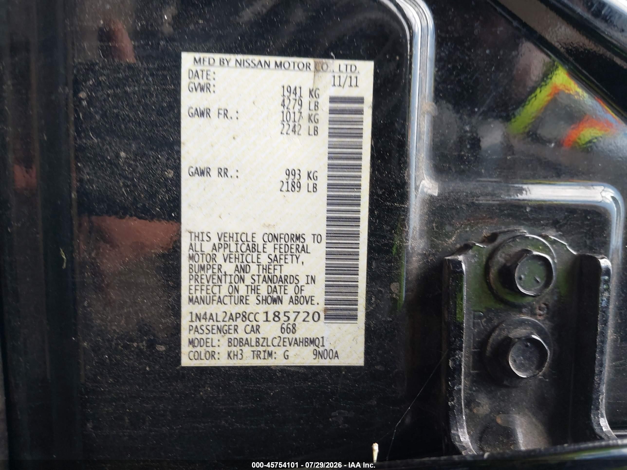 2012 Nissan Altima 2.5 S Black vin: 1N4AL2AP8CC185720