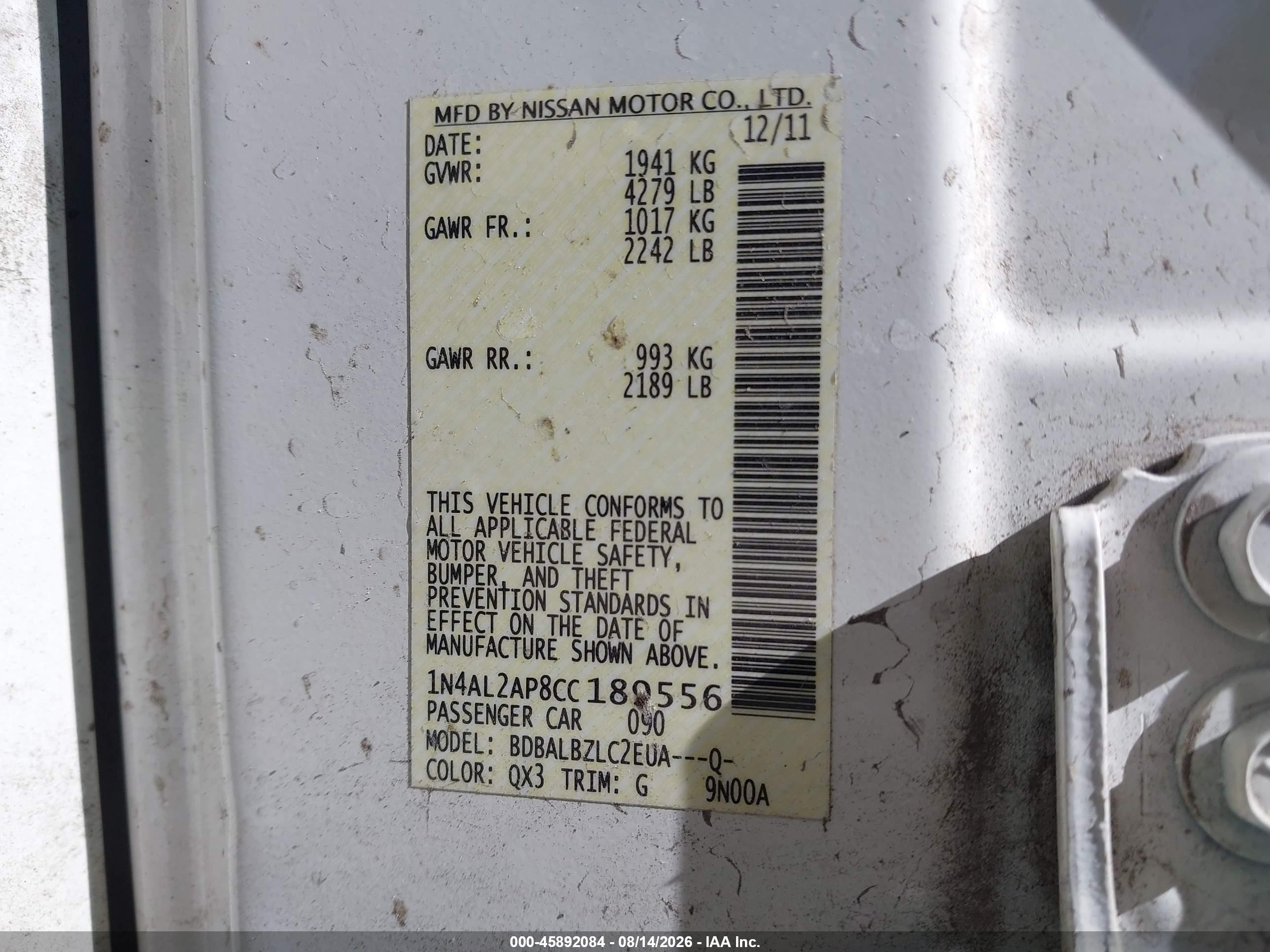 2012 Nissan Altima 2.5 S White vin: 1N4AL2AP8CC189556
