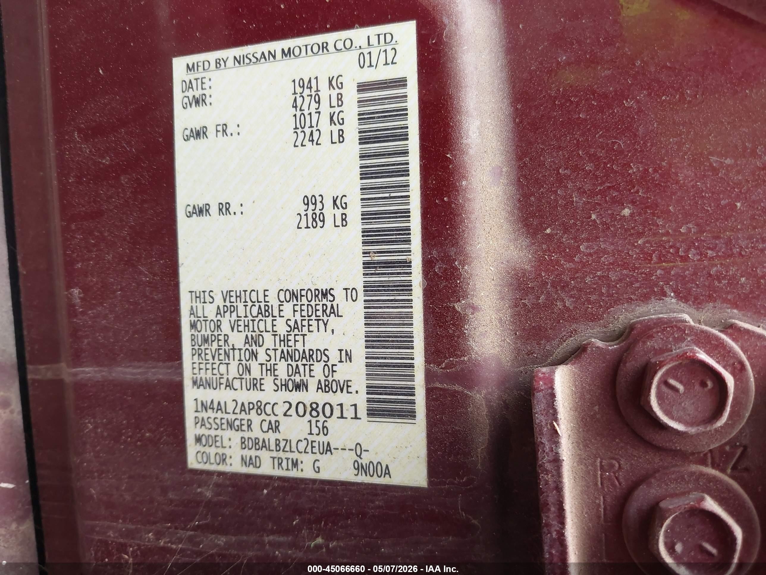 2012 Nissan Altima 2.5 S Maroon vin: 1N4AL2AP8CC208011