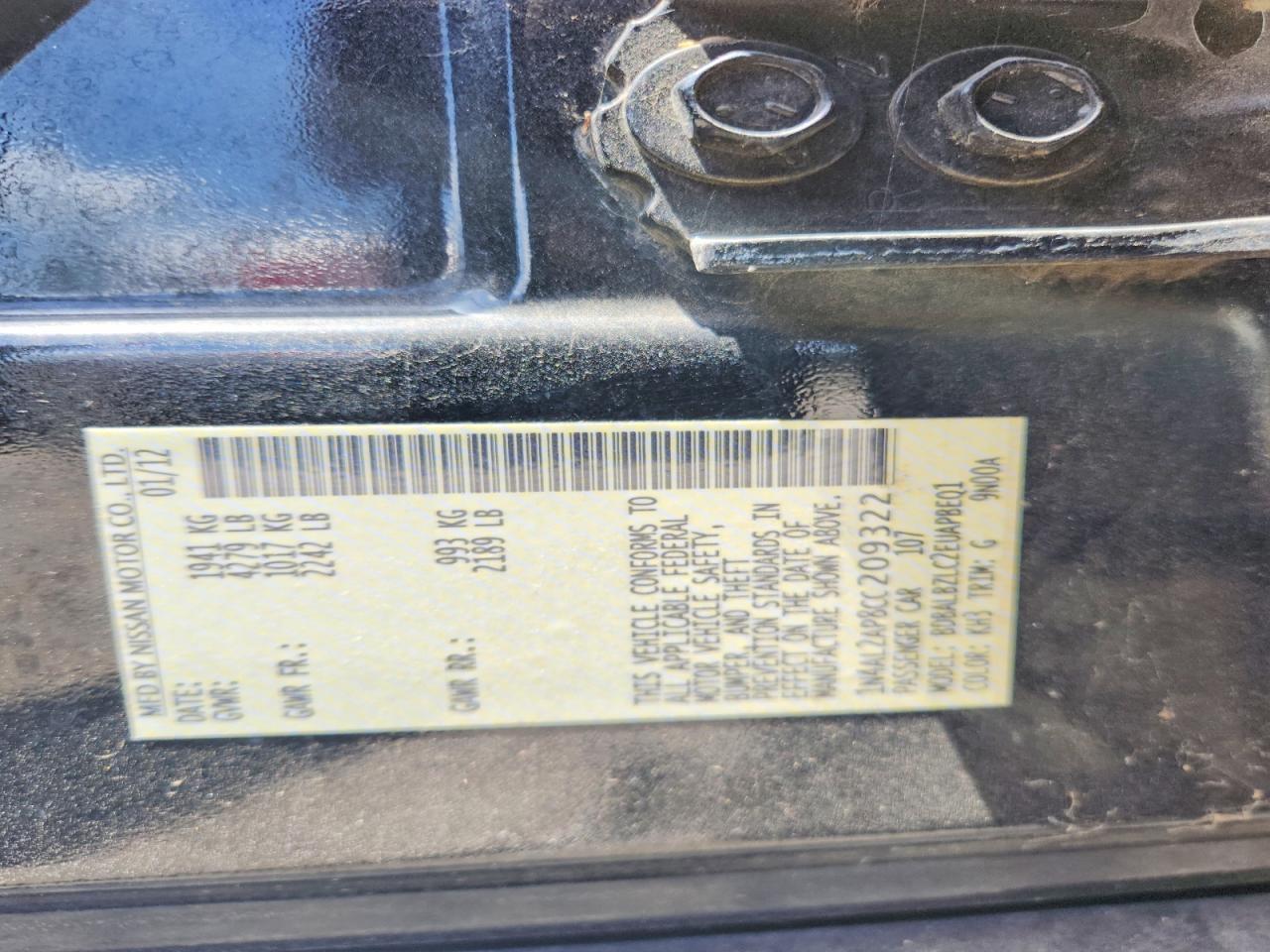 2012 Nissan Altima 2.5 Black vin: 1N4AL2AP8CC209322