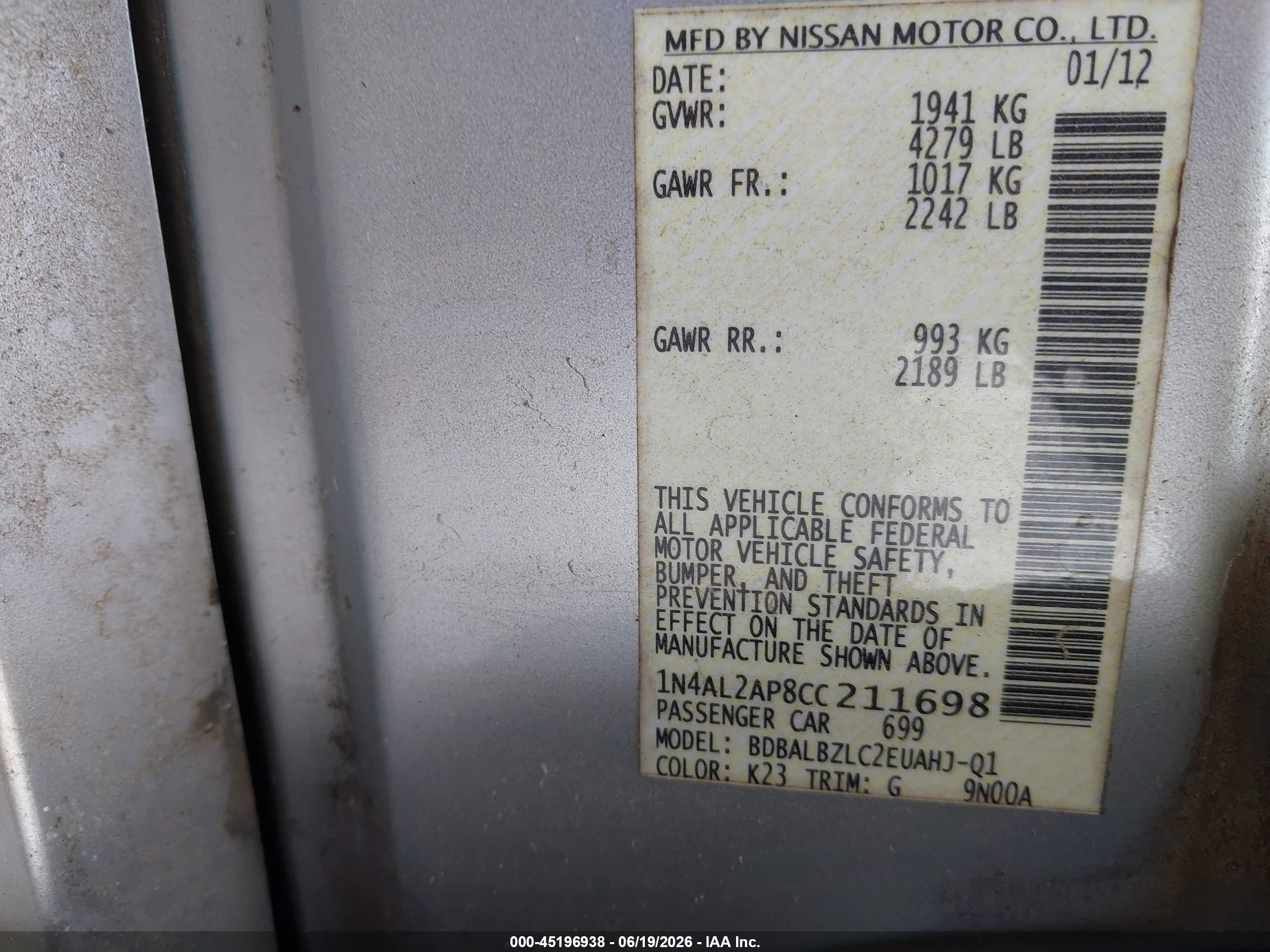 2012 Nissan Altima 2.5 S White vin: 1N4AL2AP8CC211698