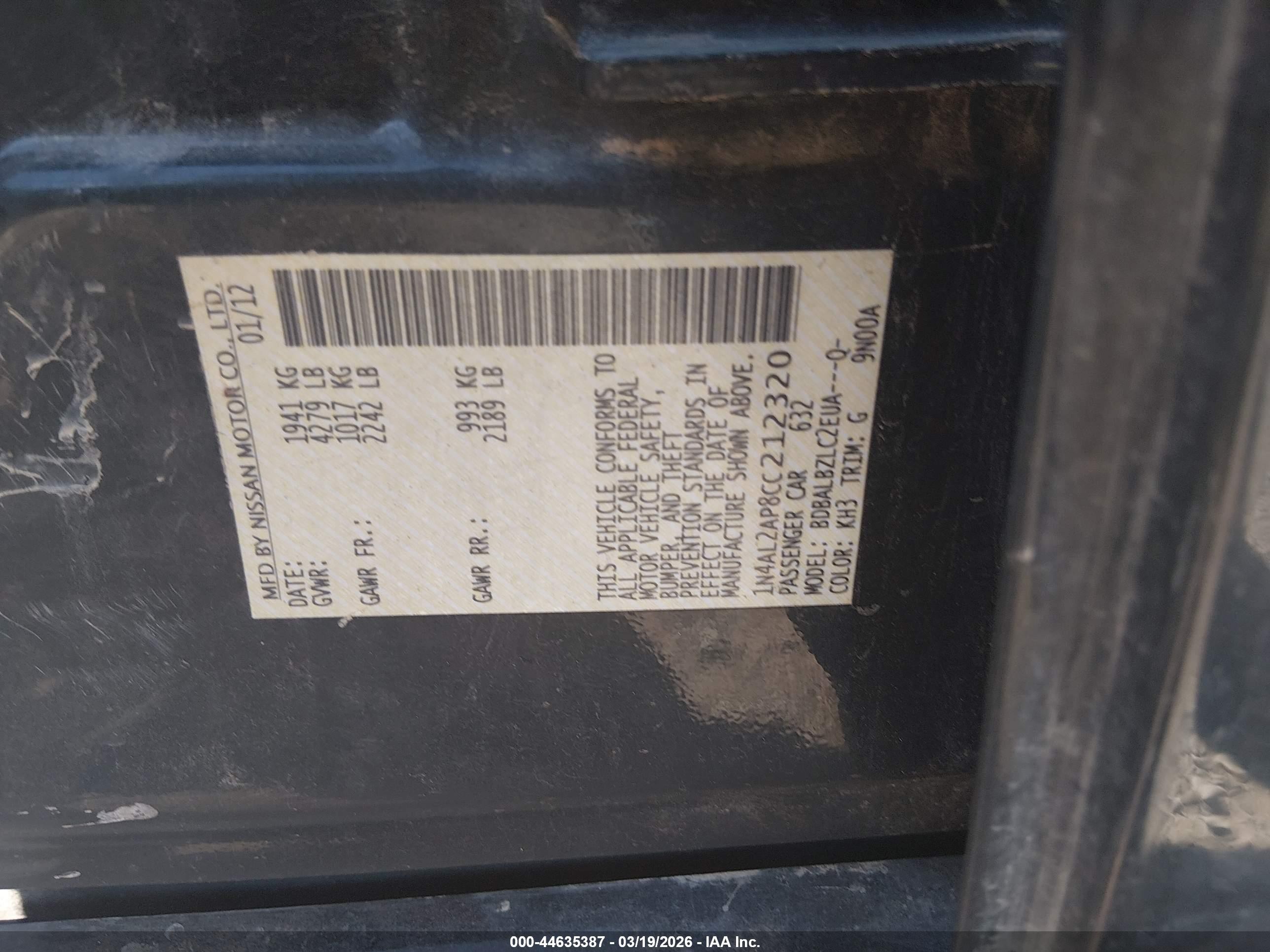 2012 Nissan Altima 2.5 S Black vin: 1N4AL2AP8CC212320