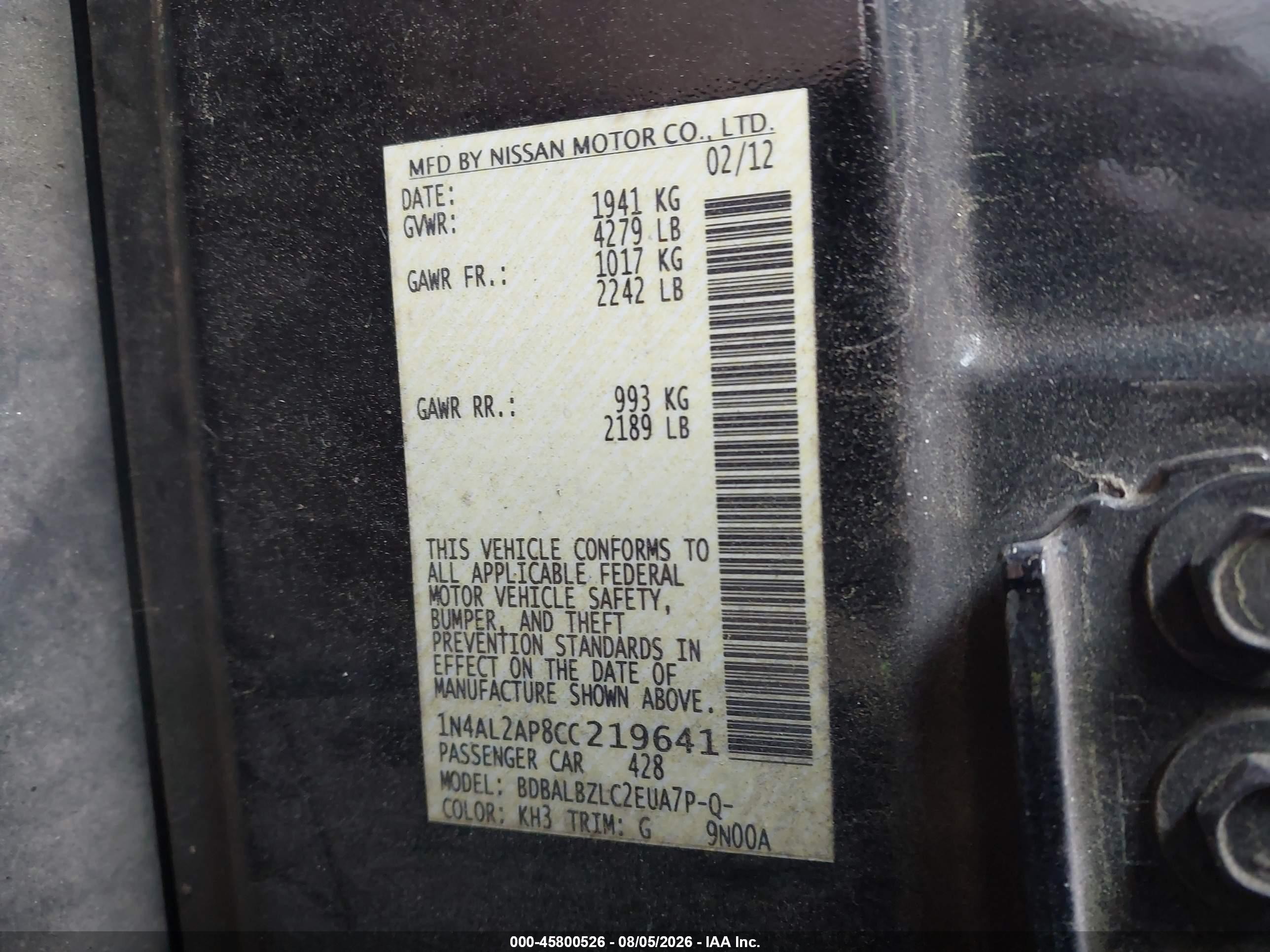 2012 Nissan Altima 2.5 S Black vin: 1N4AL2AP8CC219641