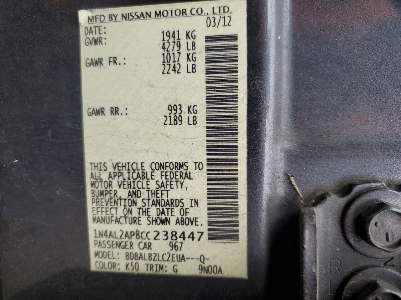 2012 Nissan Altima Base Gray vin: 1N4AL2AP8CC238447