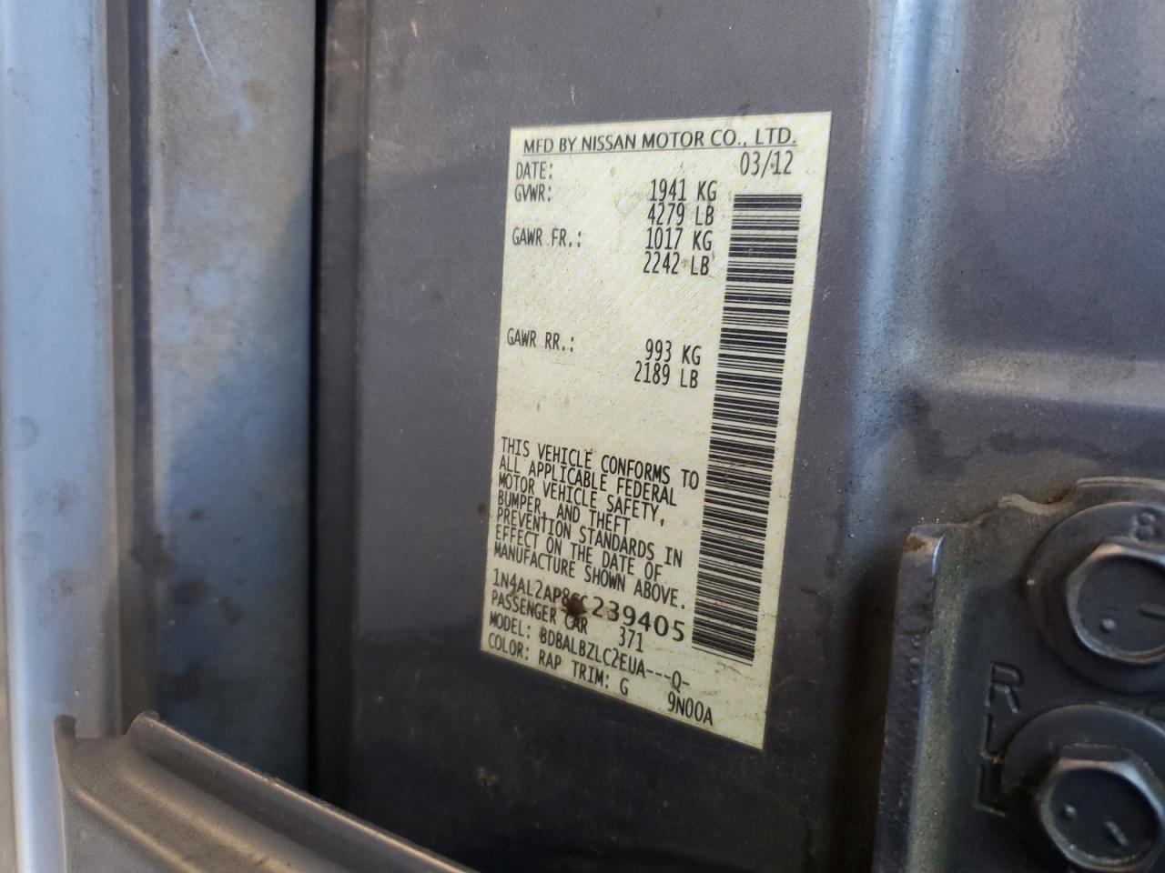 2012 Nissan Altima Gray vin: 1N4AL2AP8CC239405