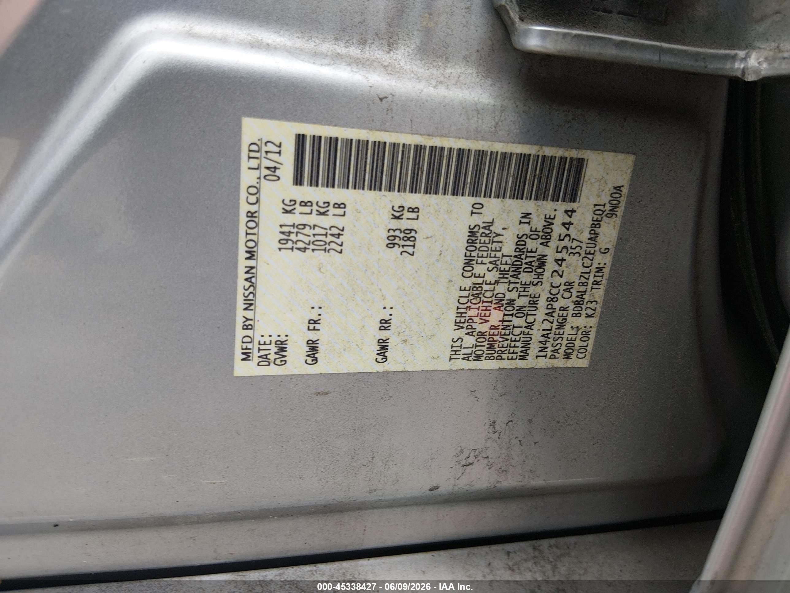 2012 Nissan Altima 2.5 S Silver vin: 1N4AL2AP8CC245544