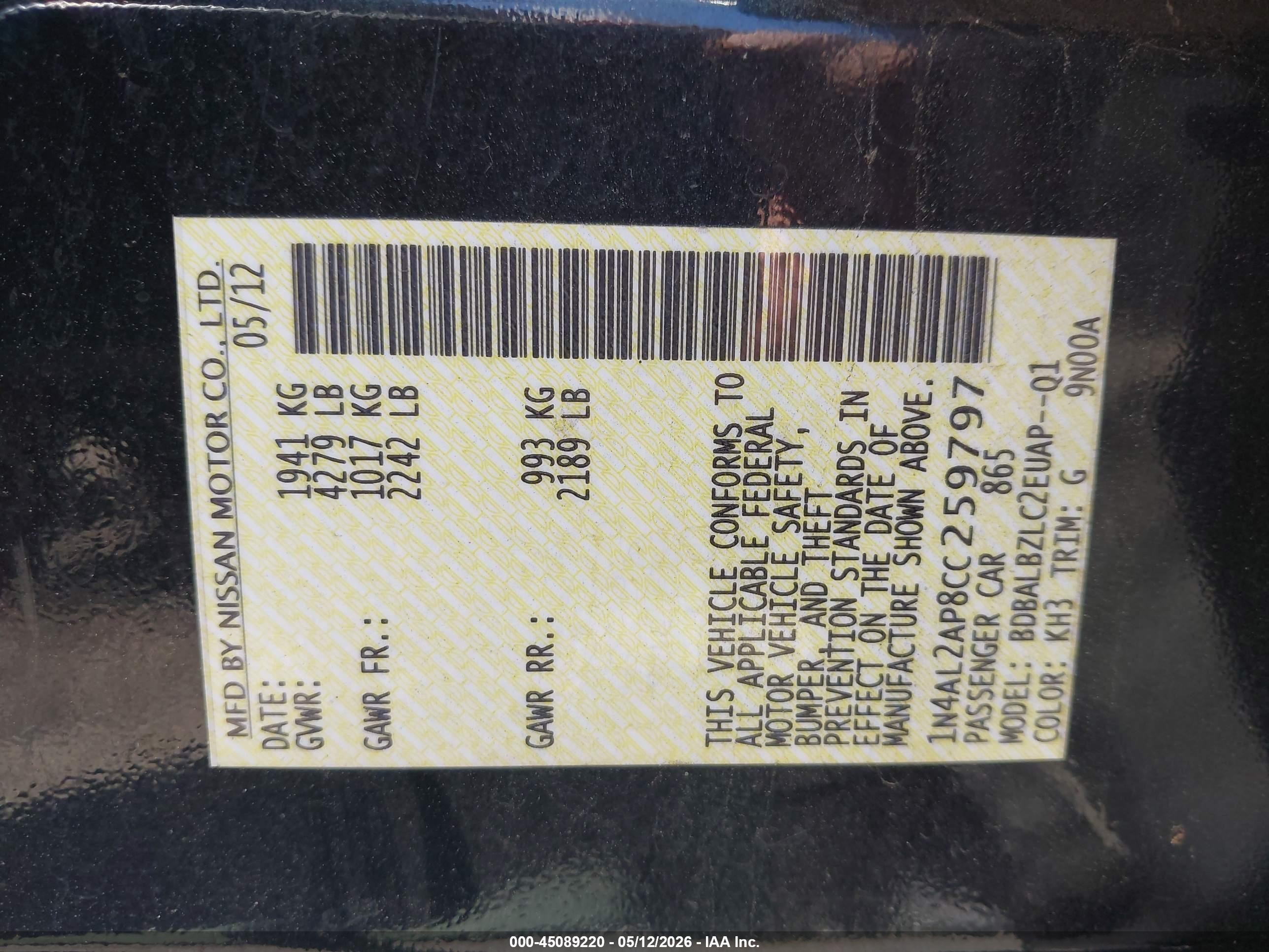 2012 Nissan Altima 2.5 S Black vin: 1N4AL2AP8CC259797