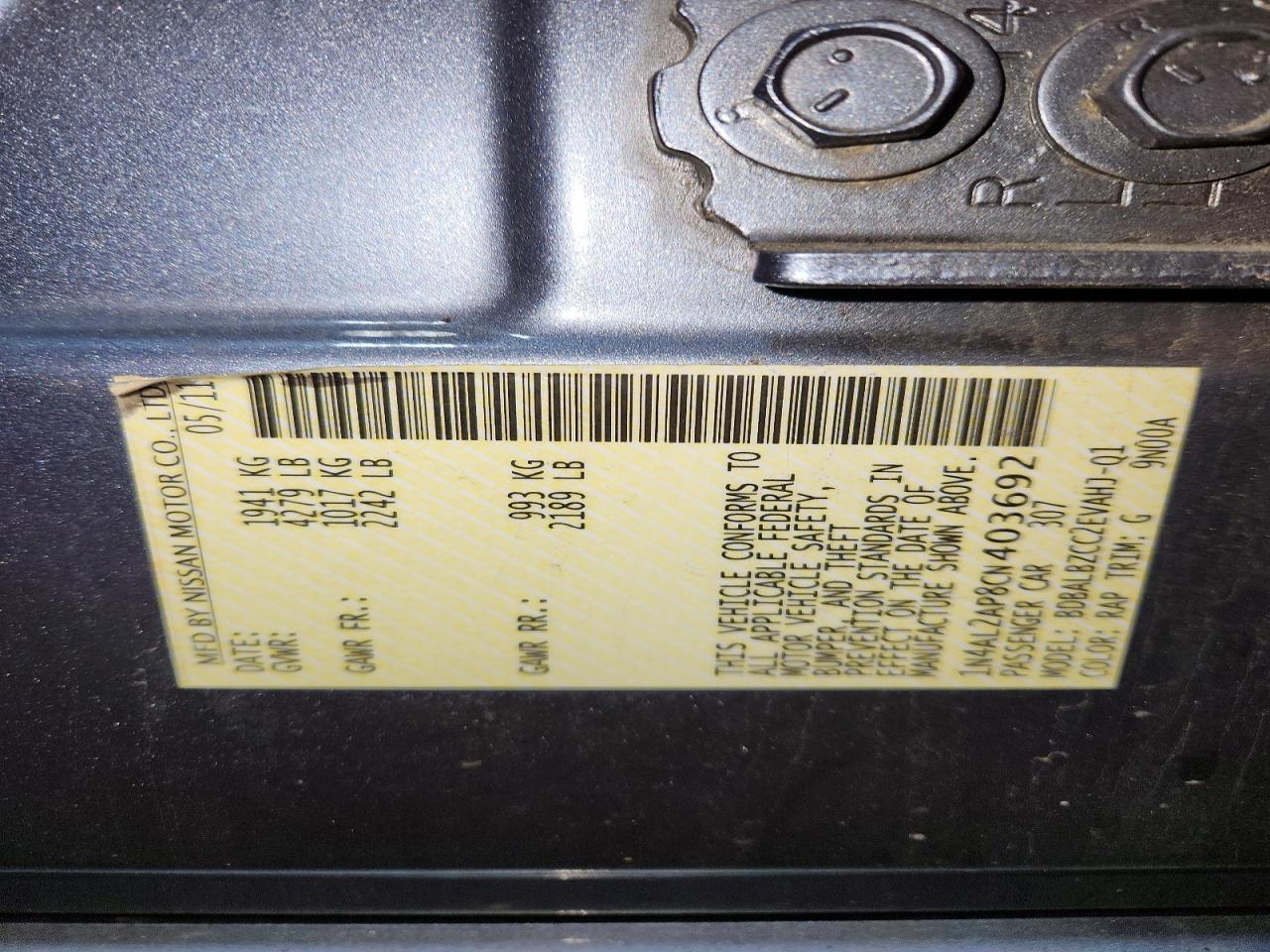 2012 Nissan Altima Base Blue vin: 1N4AL2AP8CN403692
