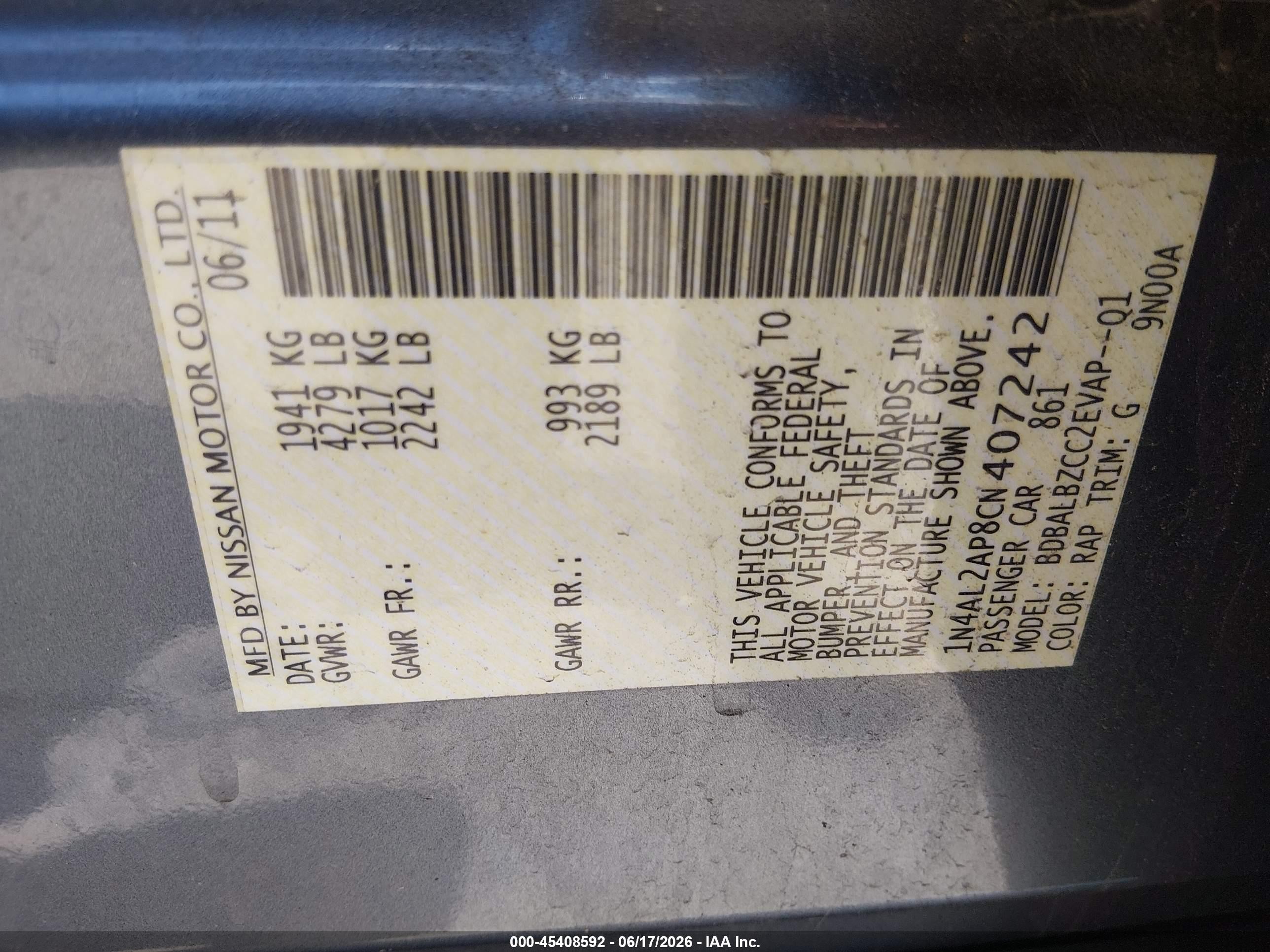 2012 Nissan Altima 2.5 S Blue vin: 1N4AL2AP8CN407242