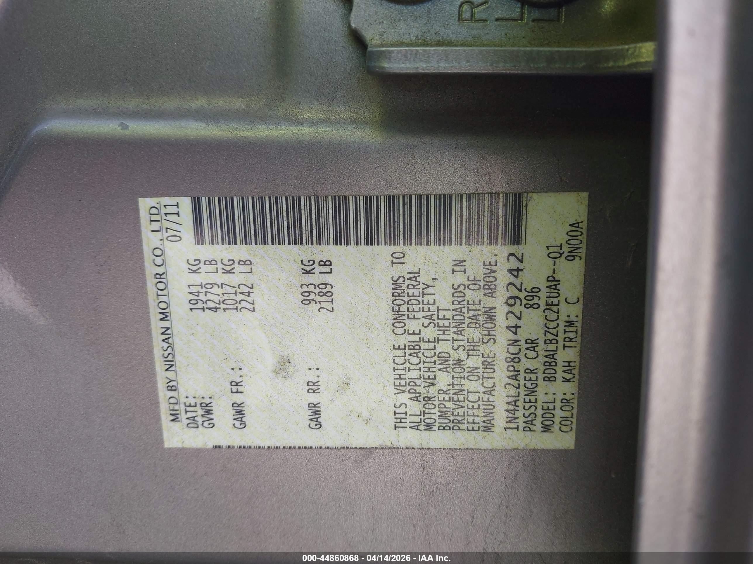 2012 Nissan Altima 2.5 S Champagne vin: 1N4AL2AP8CN429242